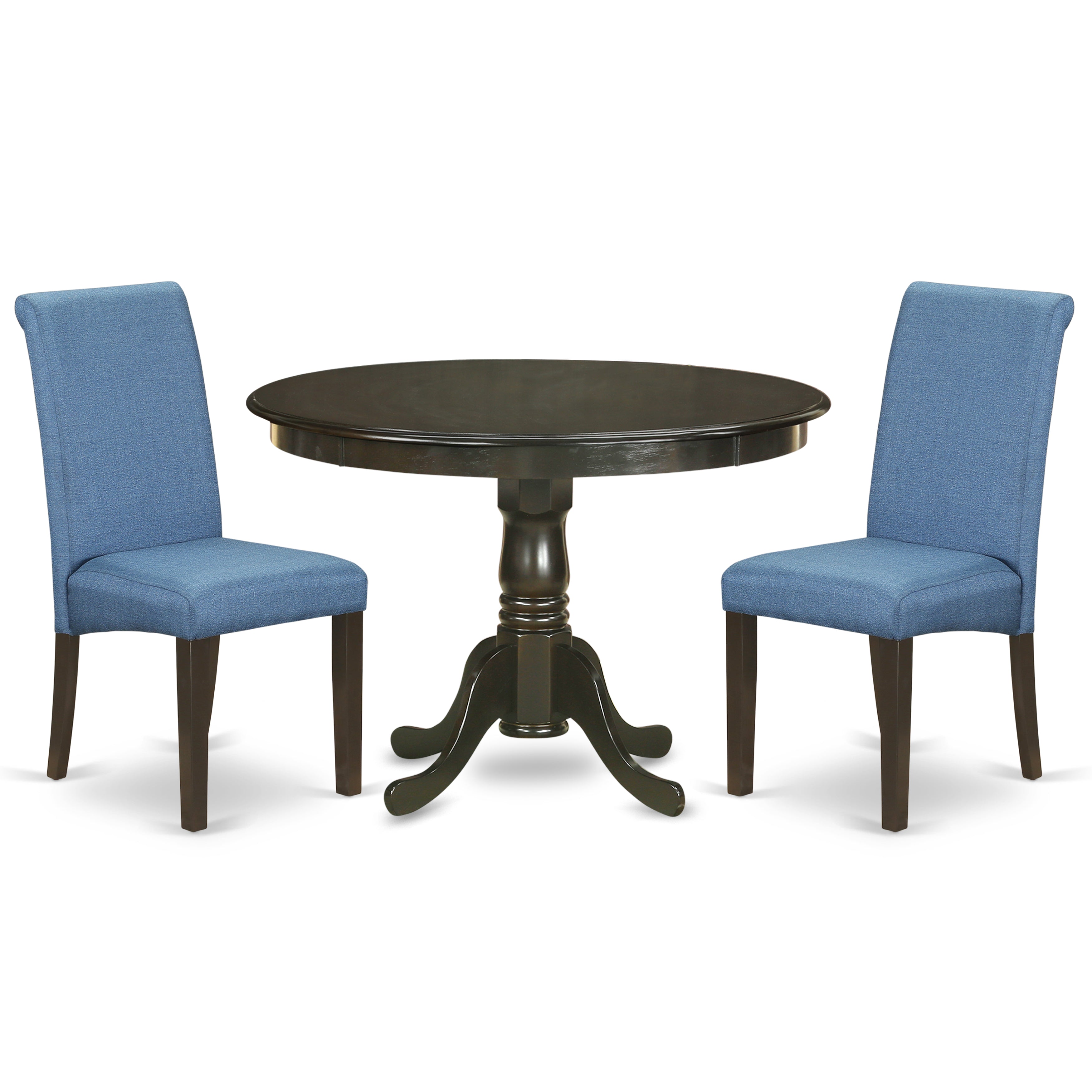 HLBA3-CAP-21 3Pc Small Round table with linen Blue fabric Parson chairs with cappuccino chair legs