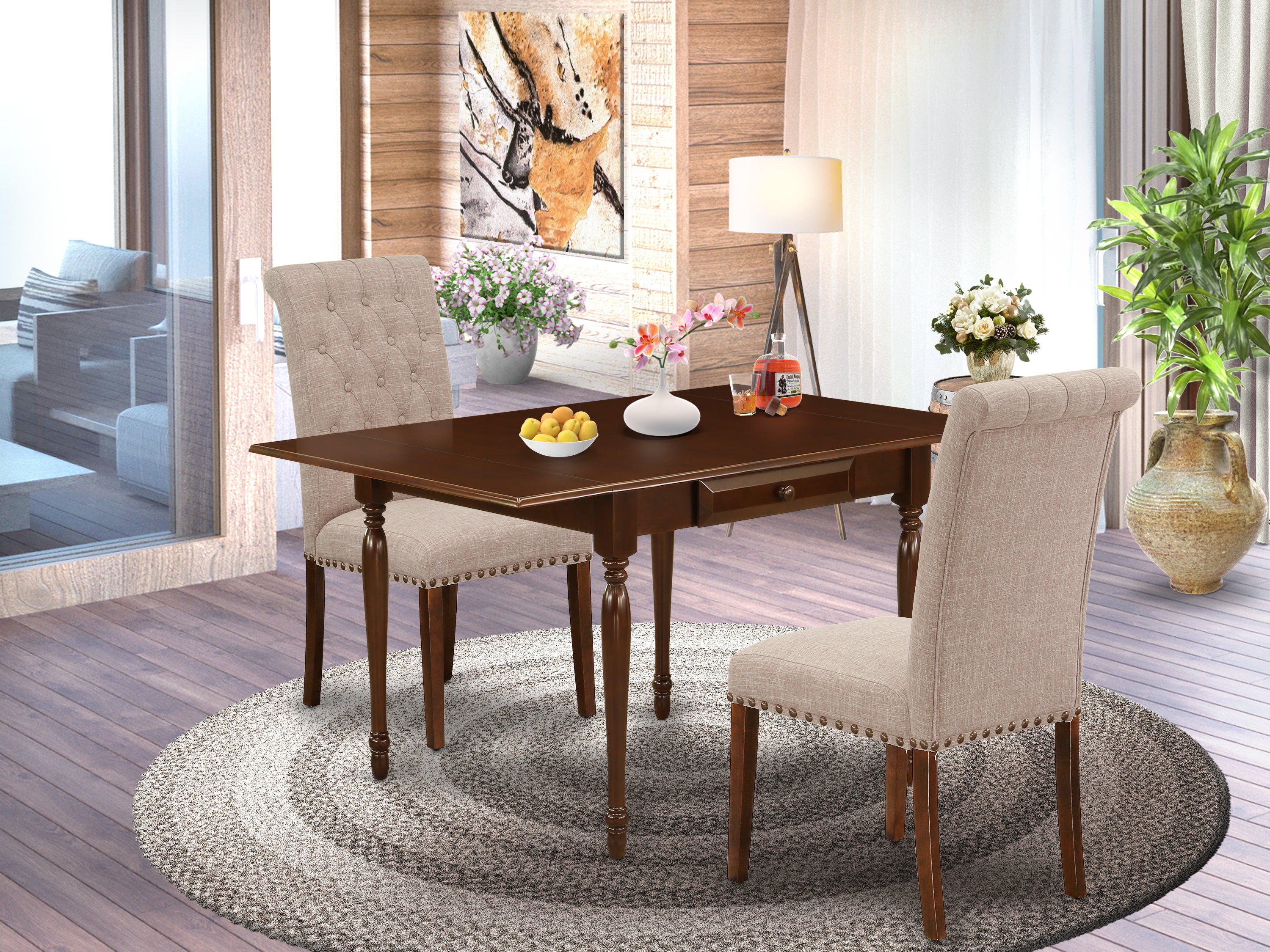 East West Furniture MZBR3-MAH-04 3Pc Dining Room Table Set Offers a Dinette Table and 2 Parson Dining Chairs with Light Fawn Color Linen Fabric, Drop Leaf Table with Full Back Chairs, Mahogany Finish