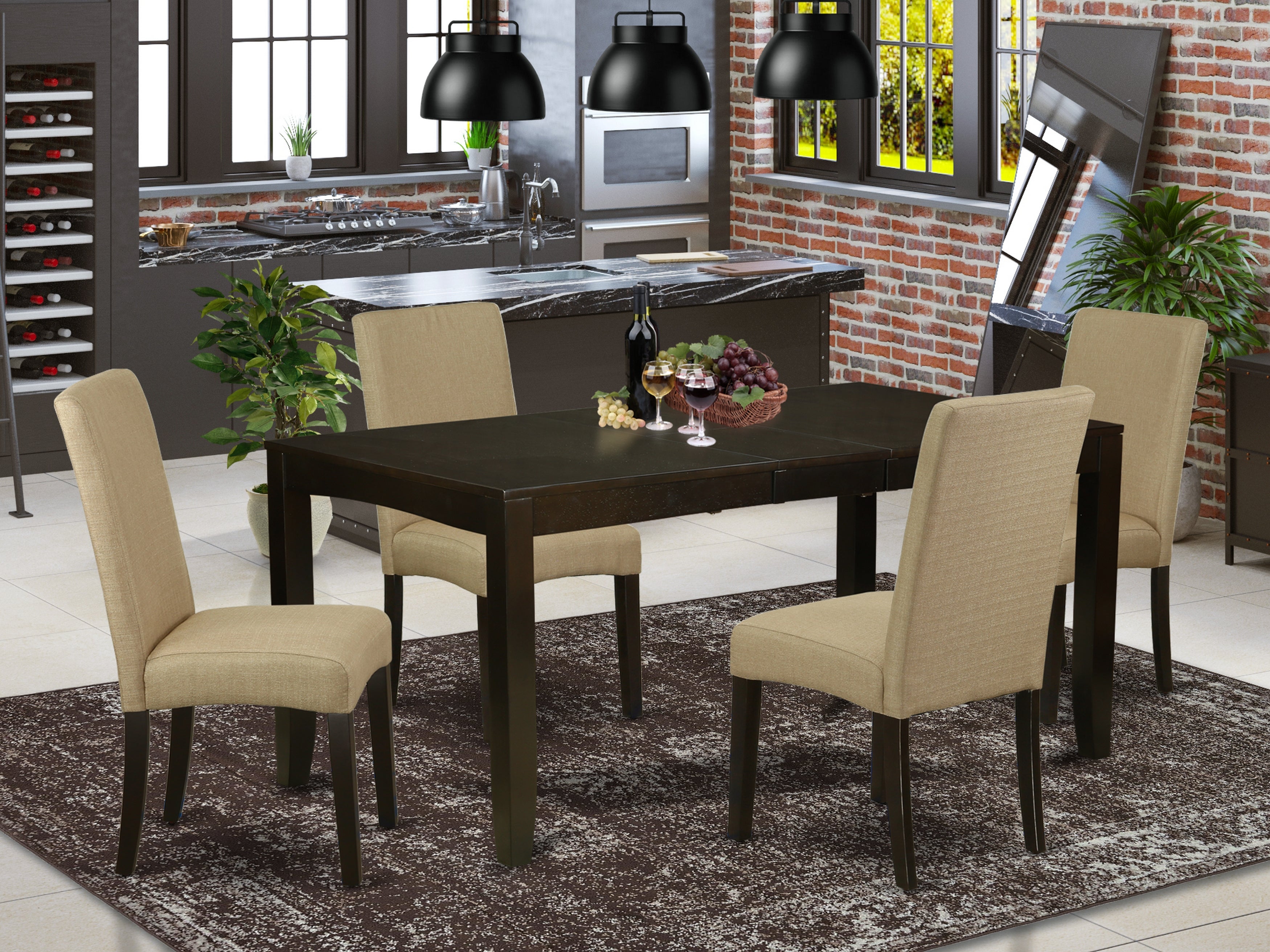 LGDR5-CAP-03 5Pc Rectangle 66/84" Kitchen Table With 18 In Self Storing Butterfly Leaf And 4 Parson Chair With Cappuccino Finish Leg And Linen Fabric- Brown Color