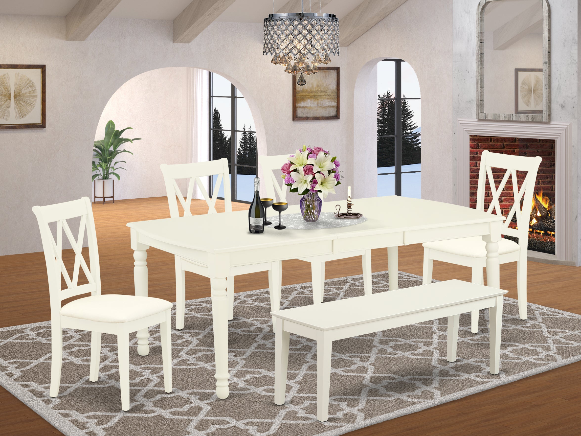 DOCL6-LWH-C 6Pc Dining Set Includes a Rectangle Dinette Table with Butterfly Leaf, Four Double X Back Microfiber Seat Kitchen Chairs and a Table, Linen White Finish