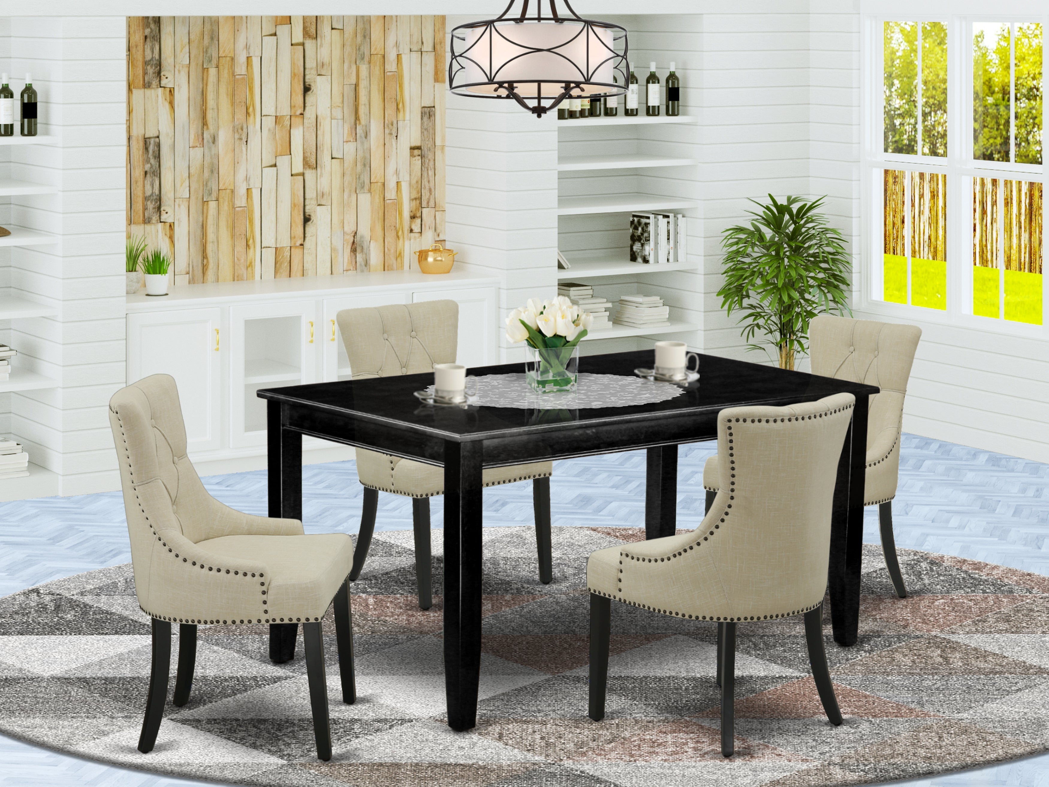 DUFR5-BLK-02 5Pc Dining Set Includes a Rectangle Dining Table and Four Parson Chairs with Light Beige Fabric, Black Finish