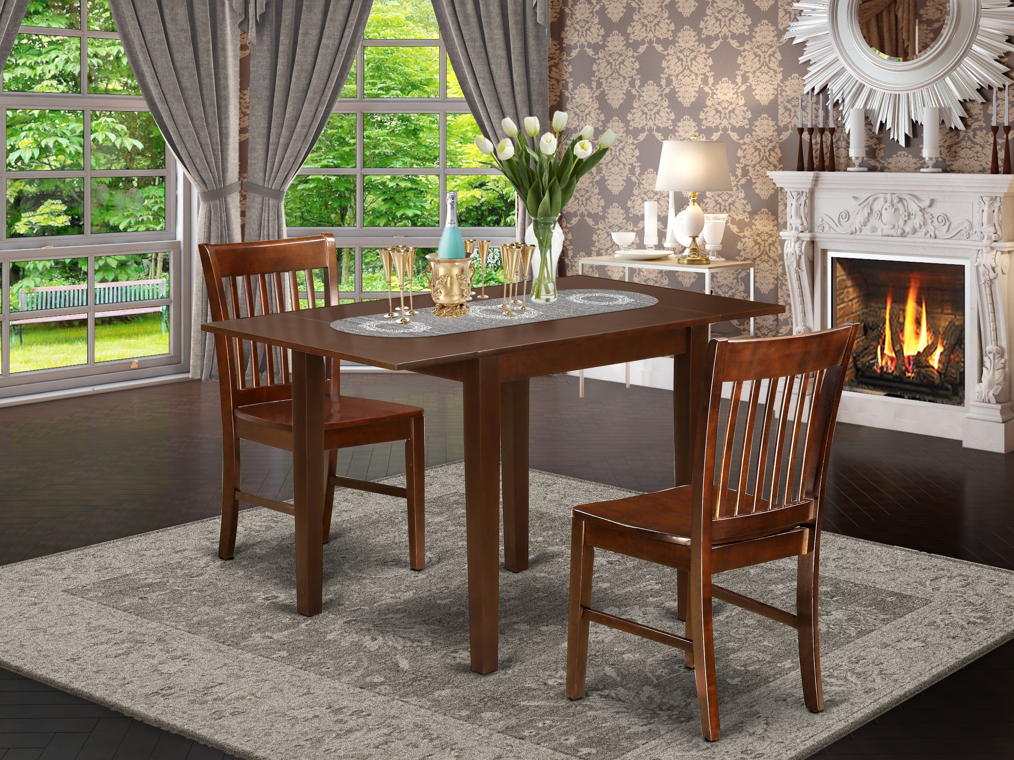 East West Furniture NDNO3-MAH-W 3Pc Dining Set Features a Wood Table and 2 Wooden Dining Chairs with Asian Hardwood Seat and Slat back, Mahogany Finish