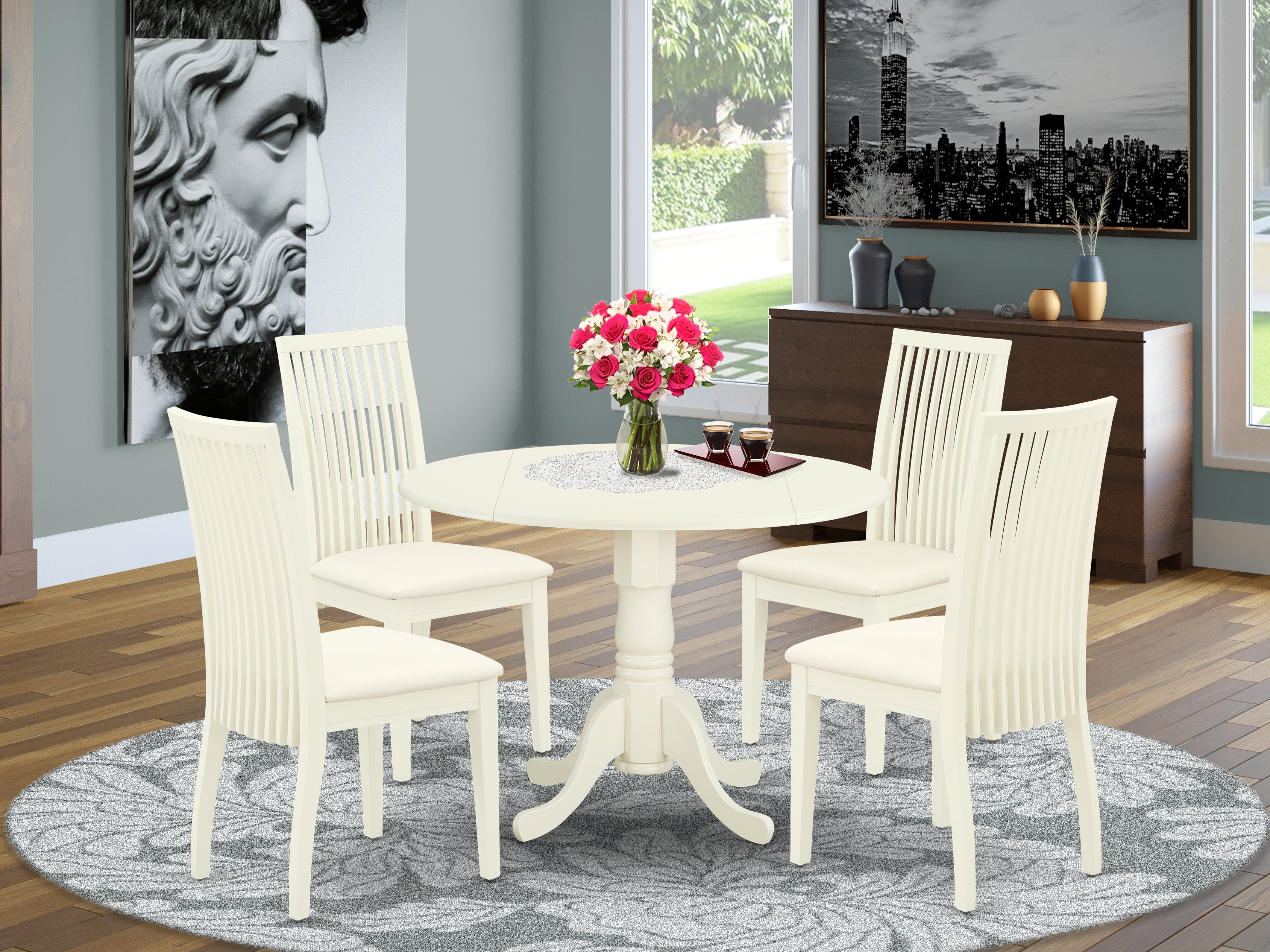 DLIP5-WHI-C 5Pc Dining Set Includes a Round Dinette Table with Drop Leaves and Four Microfiber Seat Dining Chairs, White Finish