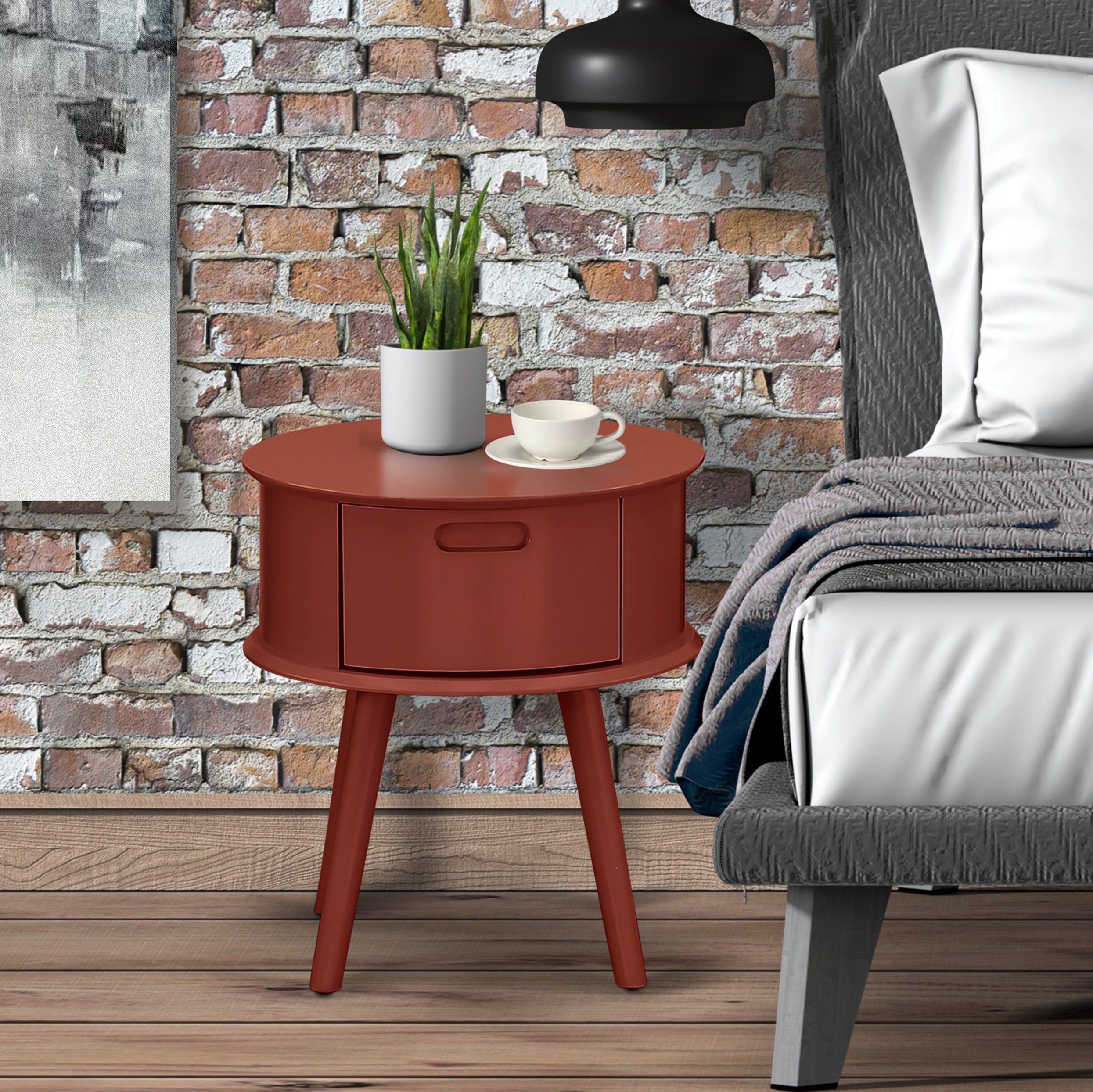 Gordon Round Night Stand End Table With Drawer in Burgundy Finish