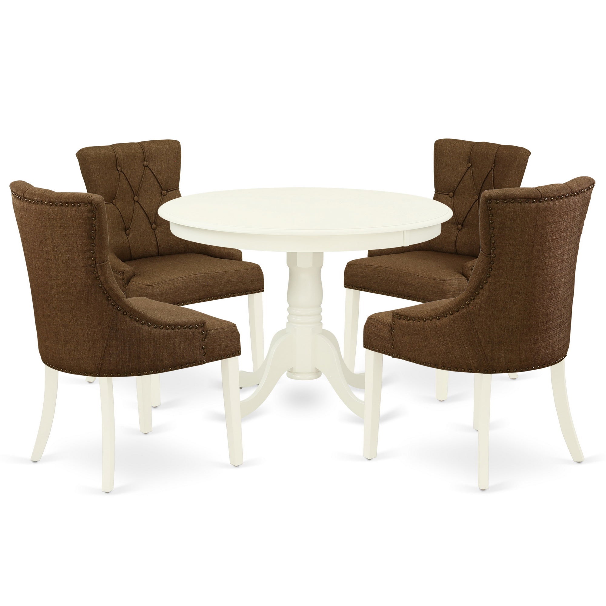 HLFR5-LWH-18 5Pc Dining Set Includes a Round Dinette Table and Four Parson Chairs with Dark Coffee Fabric, Linen White Finish