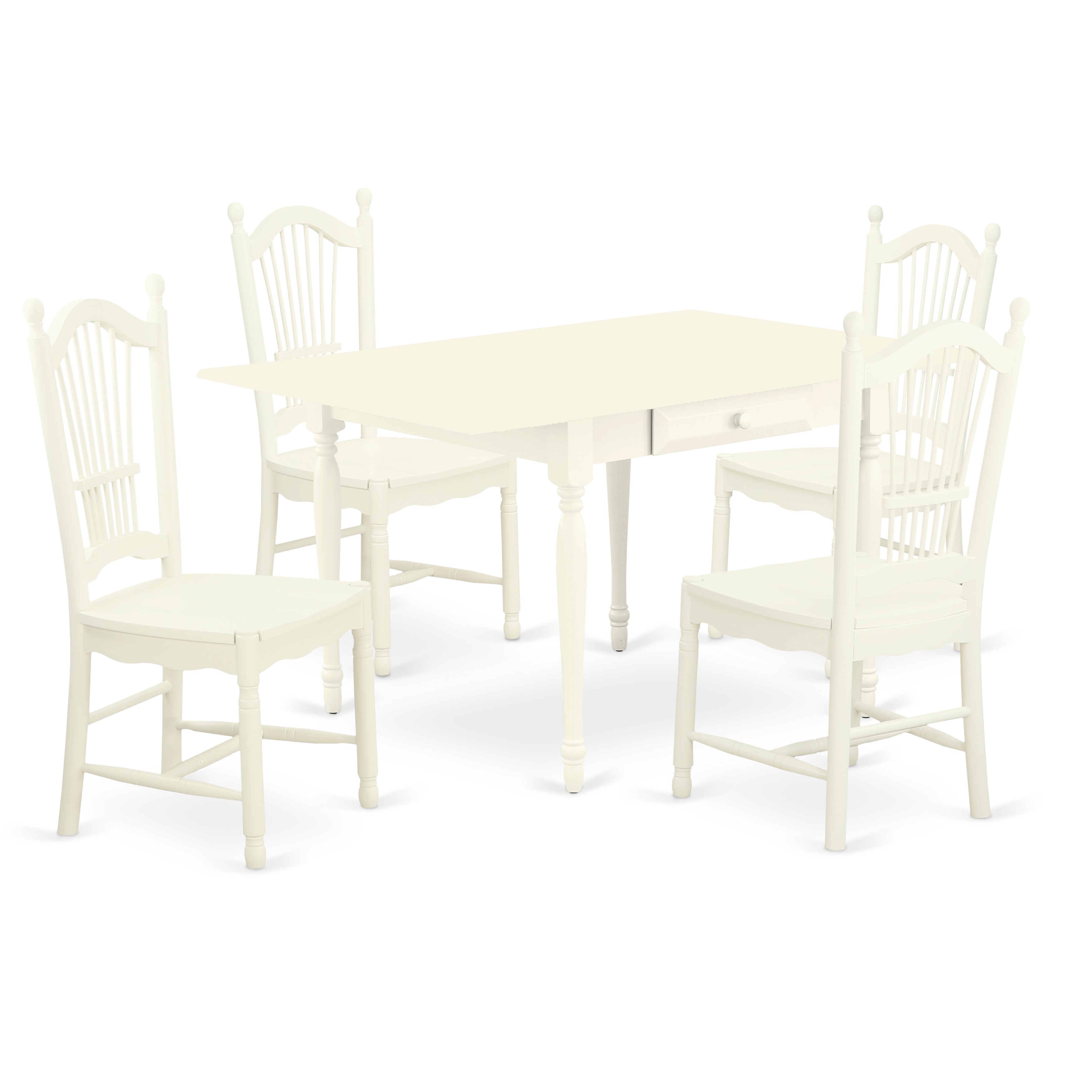East West Furniture MZDO5-LWH-W 5Pc Wood Dining Table Set Consists of a Small Table and 4 Wooden Dining Chairs with Solid Wood Seat, Drop Leaf Table with Panel Back Chairs, Linen White Finish