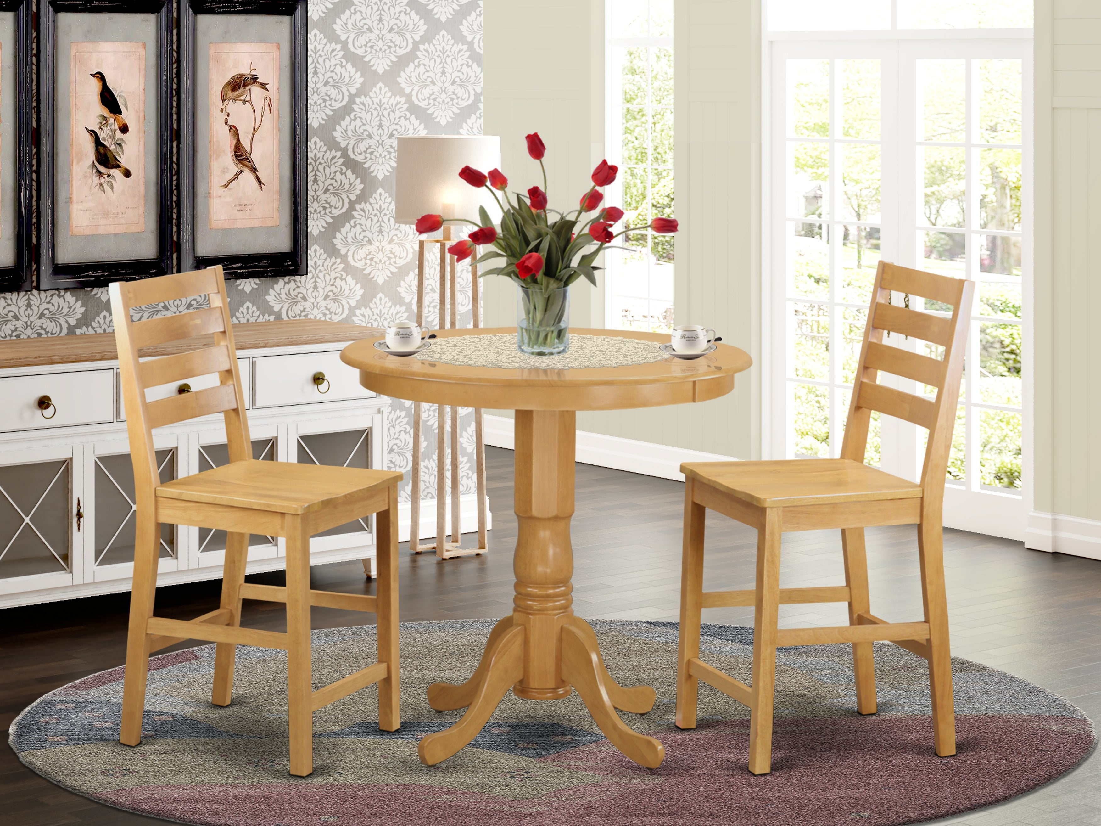 JACF3-OAK-W 3 Pc counter height Table and chair set - high top Table and 2 Dining Chairs.