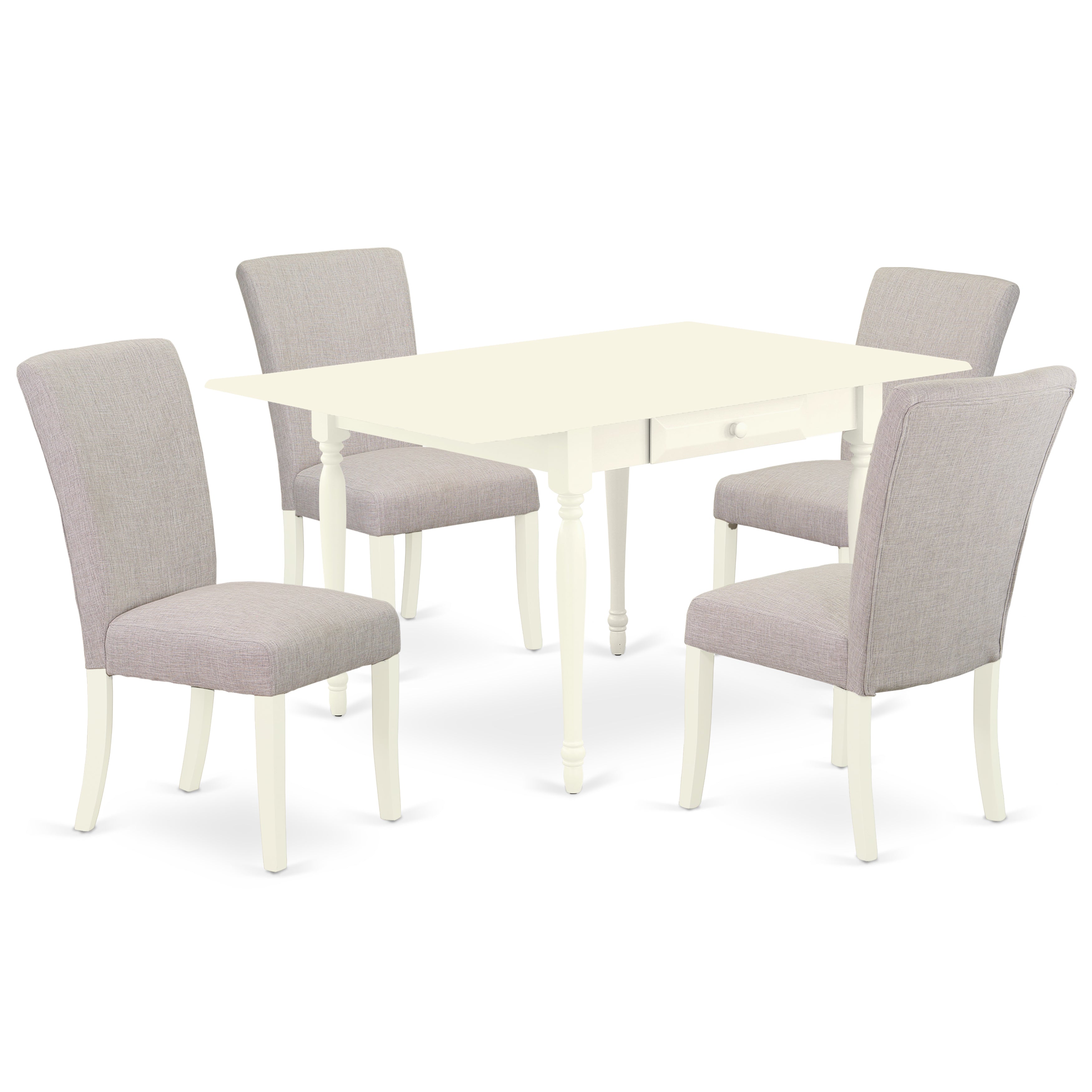 East West Furniture MZAL5-LWH-05 5Pc Wood Dining Table Set Consists of a Wood Table and 4 Upholstered Dining Chairs with Doeskin Color Linen Fabric, Drop Leaf Table with Full Back Chairs, Linen White Finish