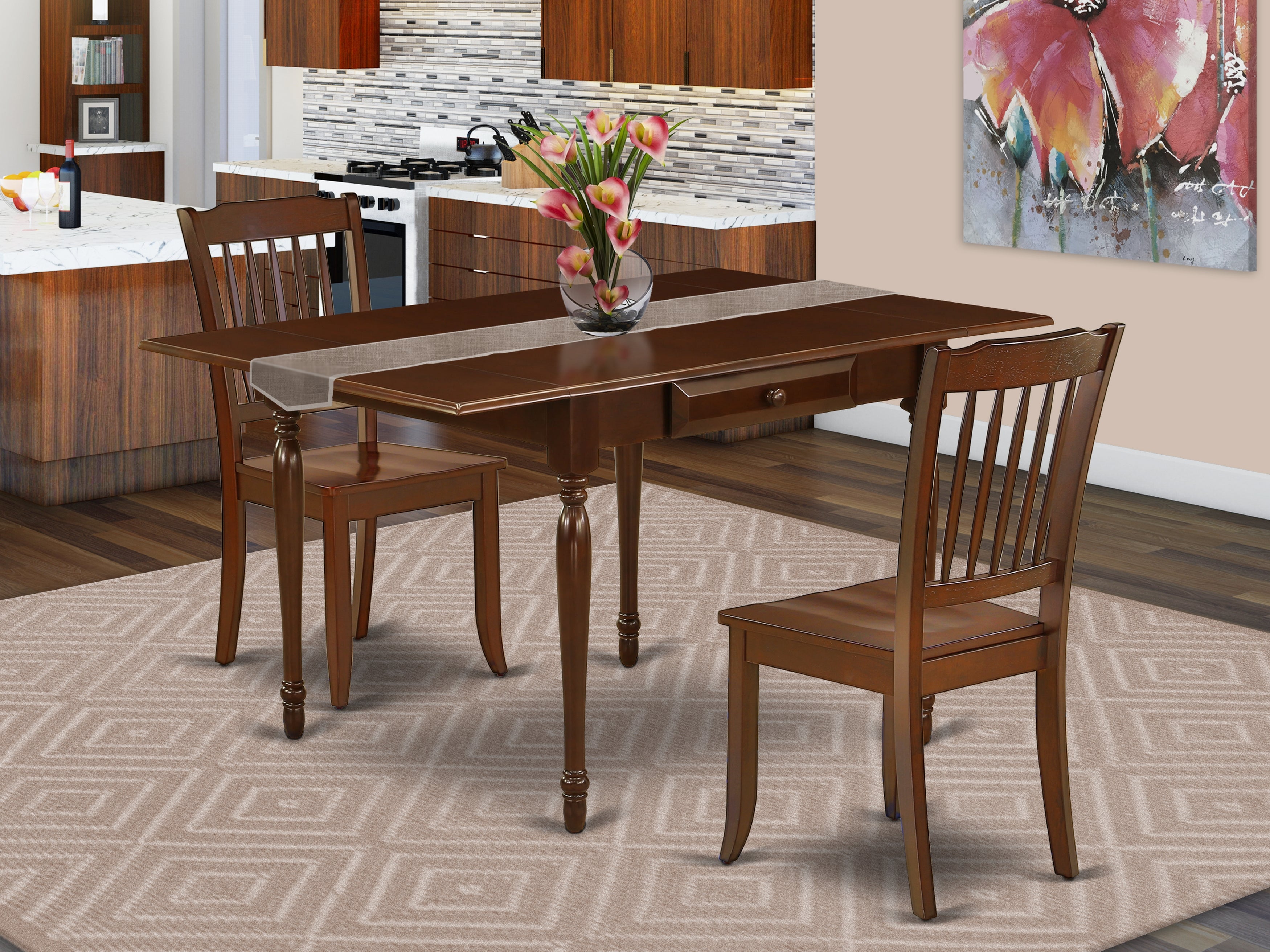 East West Furniture MZDA3-MAH-W 3Pc Dinette Set Consists of a Wood Dining Table and 2 Kitchen Chairs with Wooden Seat, Drop Leaf Table with Slat Back Chairs, Mahogany Finish