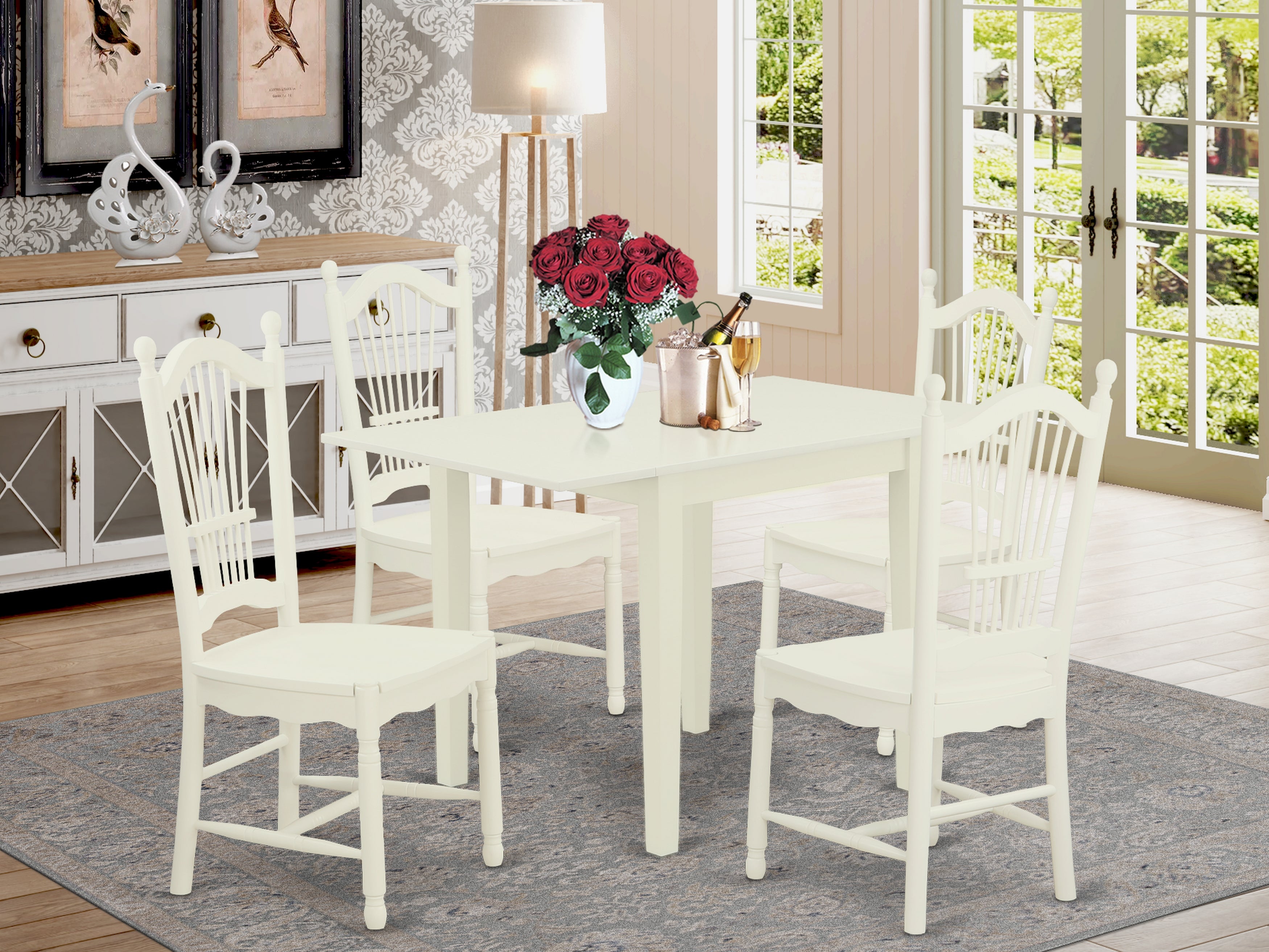 East West Furniture NDDO5-LWH-W Modern Dining Table Set 5 Pcs- 4 Amazing Dining Room Chairs and a Stunning Wood Dining Table - Linen White Finish Hardwood Chair Seat - Linen White Finish Solid Wood Frame.