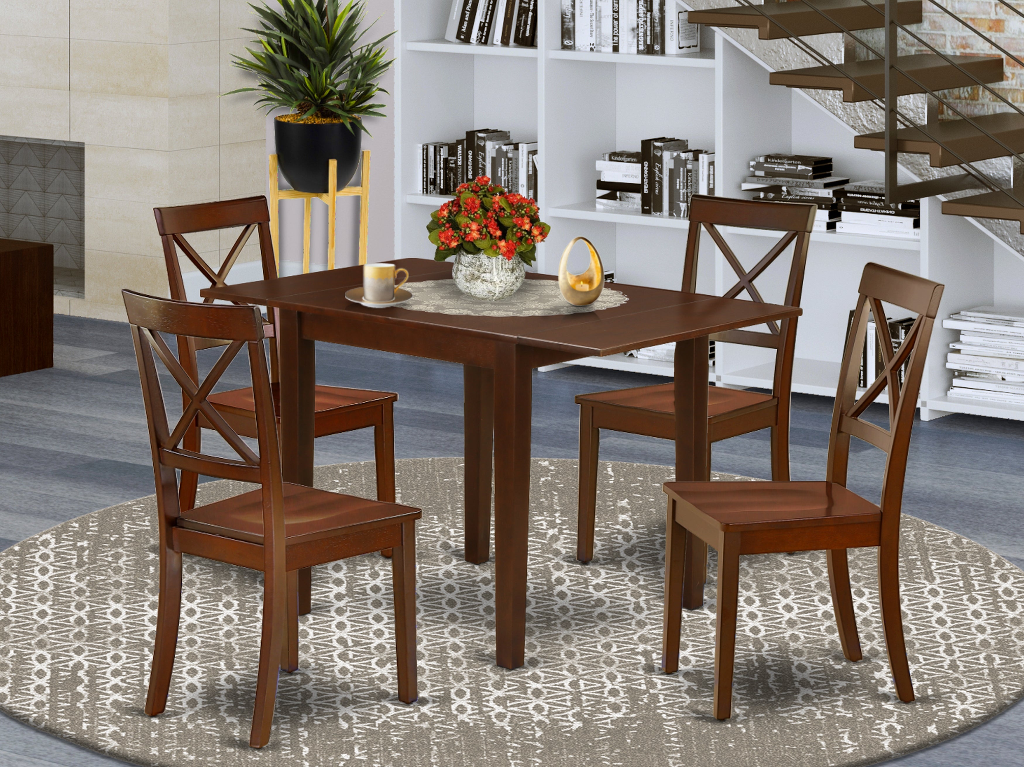 East West Furniture NDBO5-MAH-W Modern Dining Table Set 5 Pc- 4 Fabulous Wooden Chairs and an Eye-Catching Dining Table - Mahogany Finish Hardwood Chair Seat - Mahogany Finish Solid wood Structure.