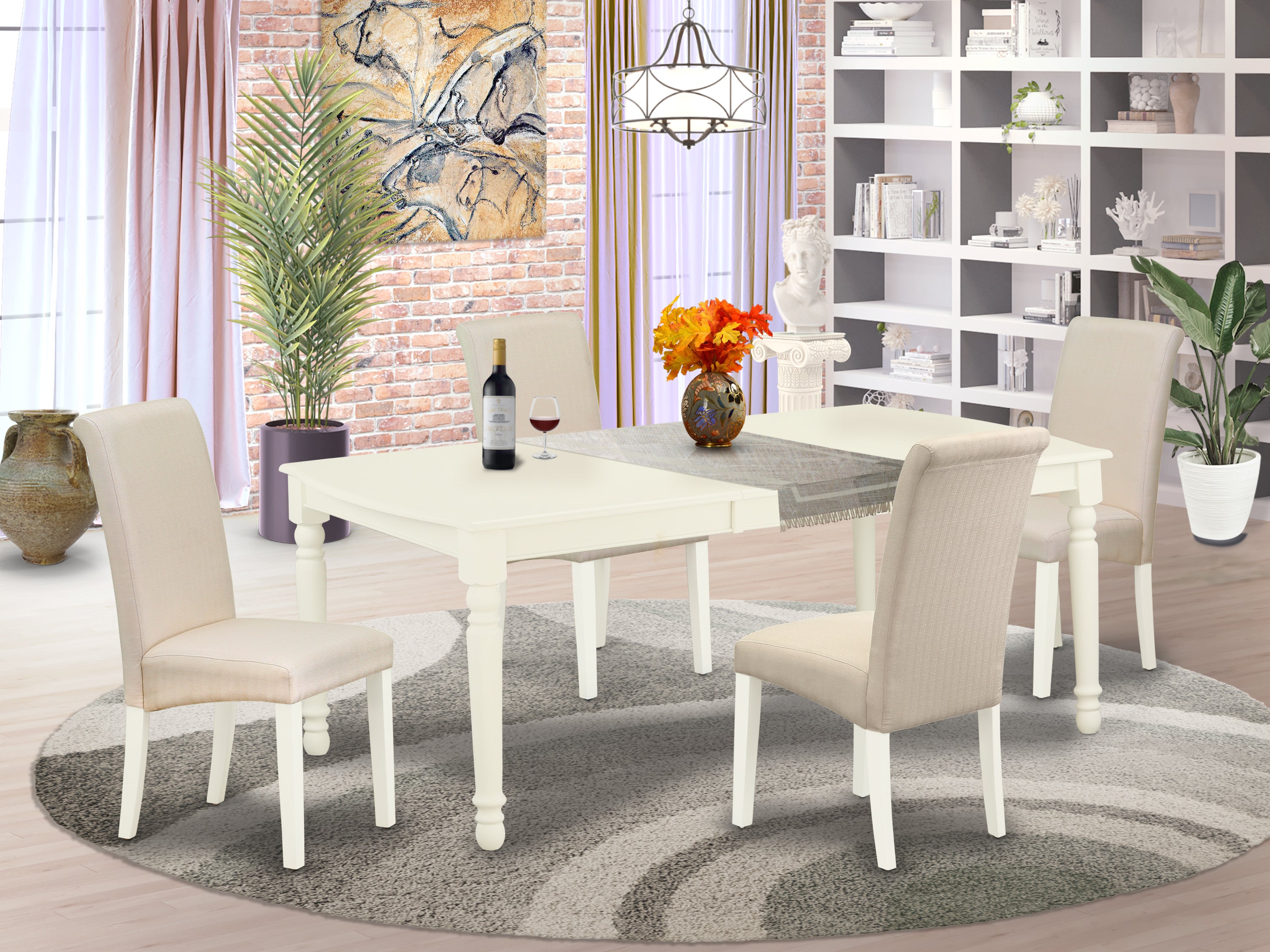 DOBA5-LWH-01 5Pc Dining Set Includes a Rectangle Dinette Table with Butterfly Leaf and Four Parson Chairs with Cream Fabric, Linen White Finish