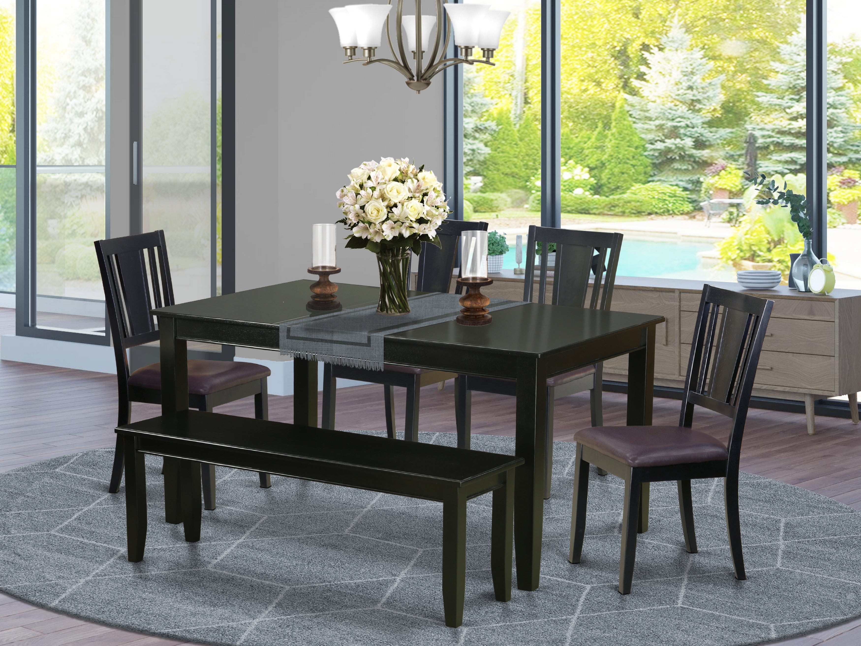 DULE6-BLK-LC 6 Pc Kitchen Table with bench-Dining Table and 4 Kitchen Chairs and Bench
