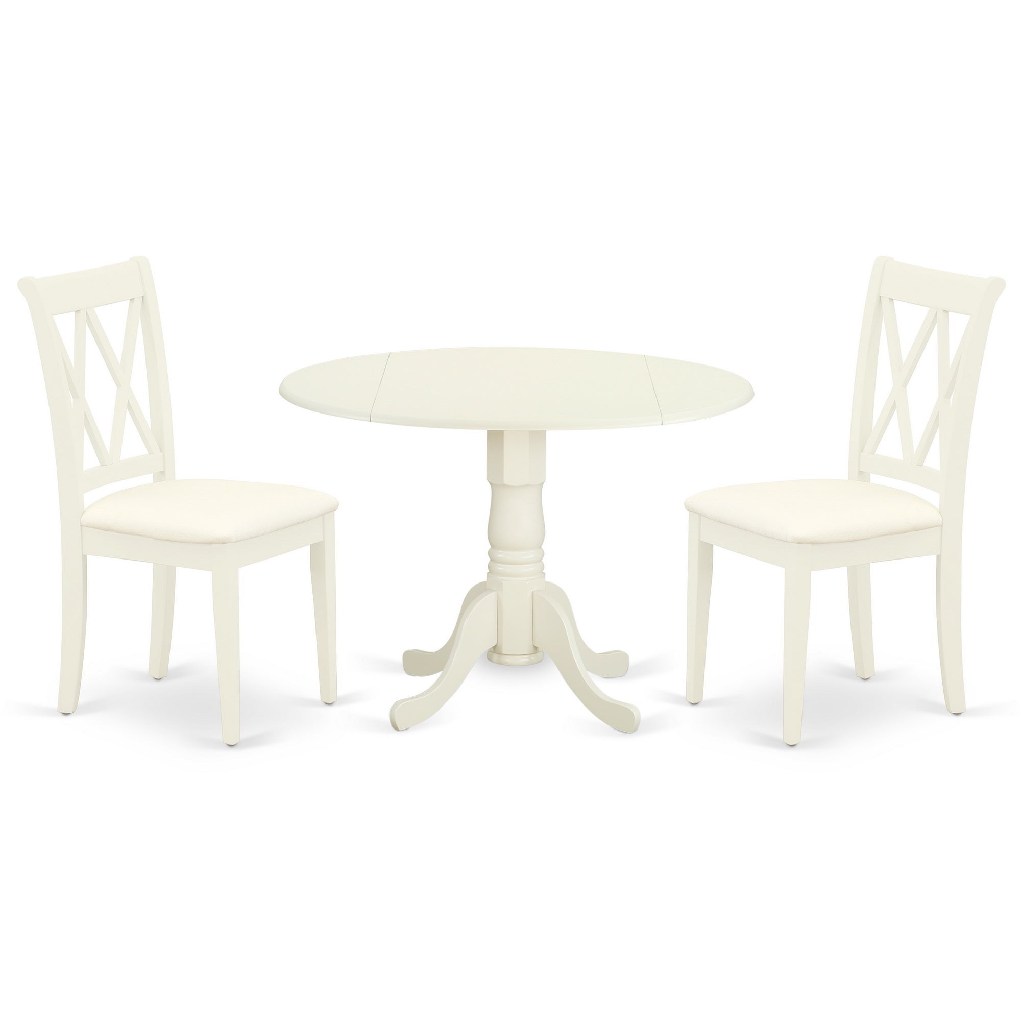 DLCL3-WHI-C 3Pc Dinette Set Includes a Rounded Kitchen Table with Drop Leaves and Two Double X Back Microfiber Seat Dining Chairs, White Finish