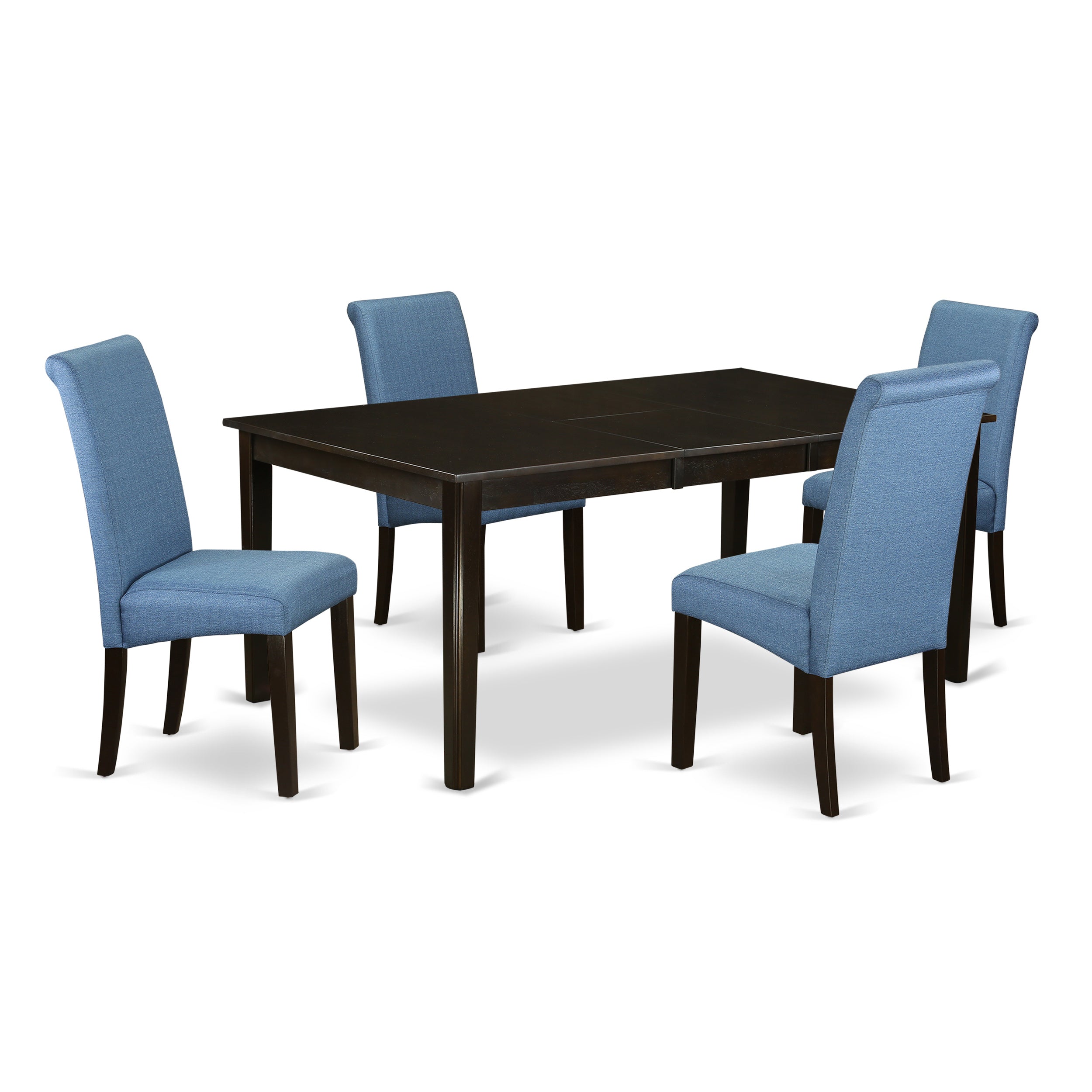 HEBA5-CAP-21 5Pc Dining table with linen Blue fabric Parson chairs with cappuccino chair legs