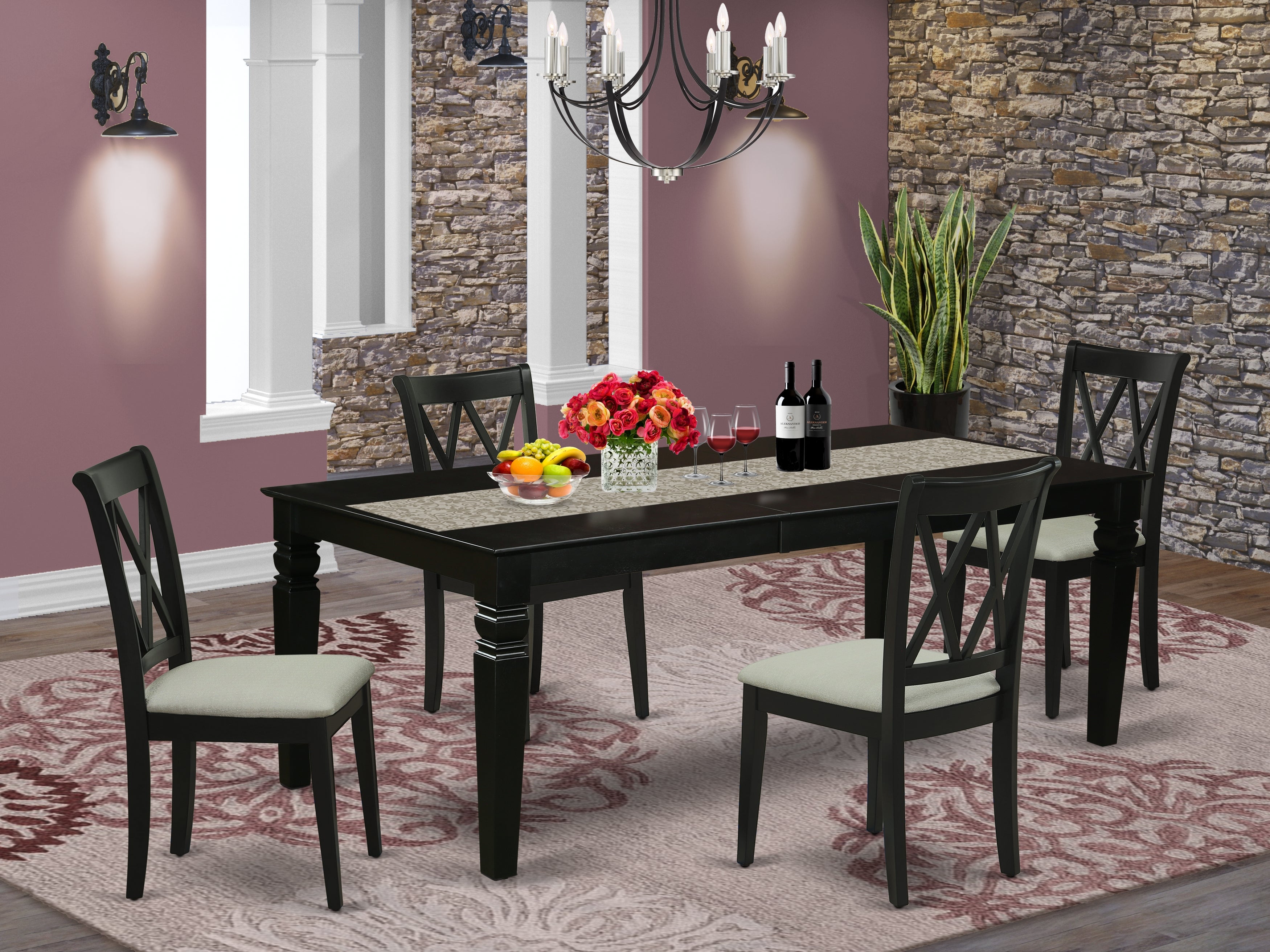 LGCL5-BLK-C 5Pc Dining Set Includes a Rectangle Dining Table with Butterfly Leaf and Four Double X Back Microfiber Seat Kitchen Chairs, Black Finish