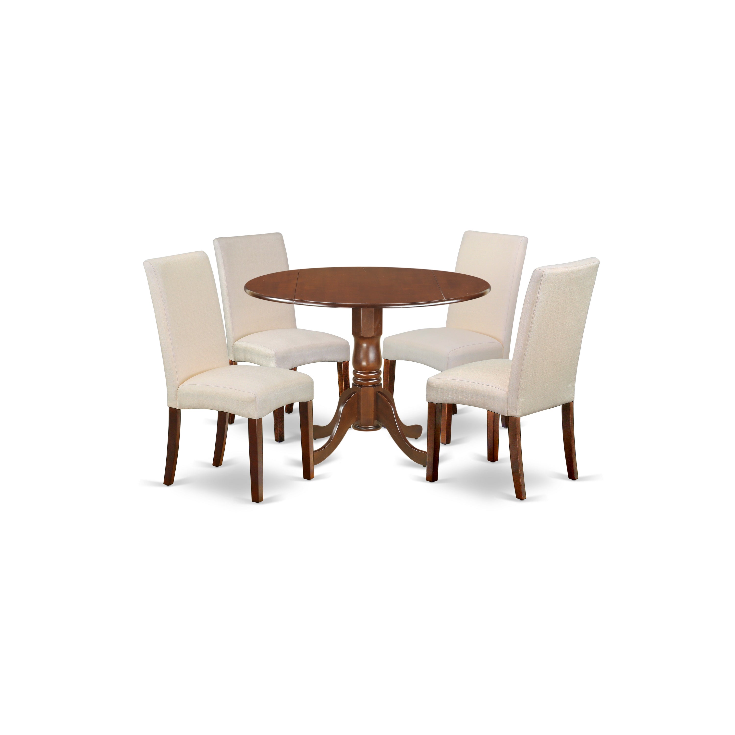 DLDR5-MAH-01 5Pc Round 42" Kitchen Table With Two 9-Inch Drop Leaves And Four Parson Chair With Mahogany Finish Leg And Linen Fabric- Cream Color
