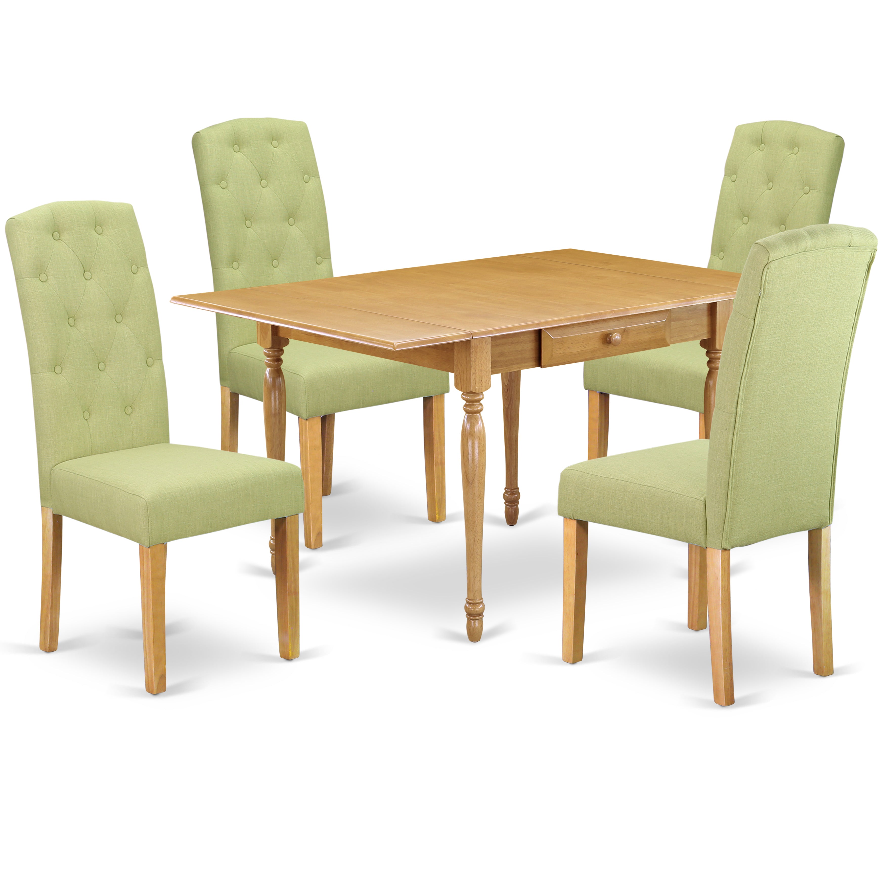East West Furniture MZCE5-OAK-07 5Pc Kitchen Table Set Contains a Wood Dining Table and 4 Parsons Dining Room Chairs with Lime Green Color Linen Fabric, Drop Leaf Table with Full Back Chairs, Oak Finish