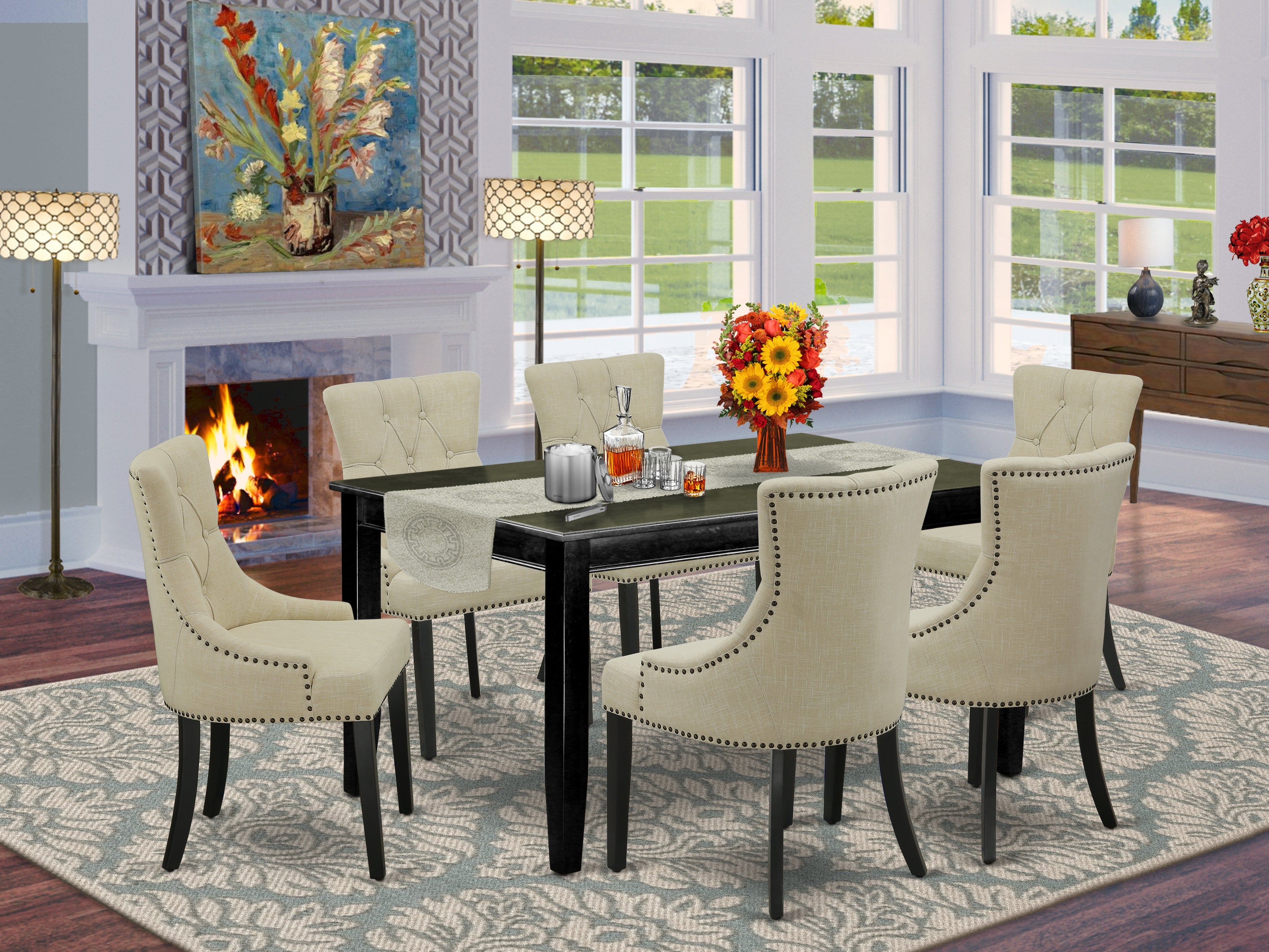 DUFR7-BLK-02 7Pc Dinette Set Includes a Rectangular Kitchen Table and Six Parson Chairs with Light Beige Fabric, Black Finish