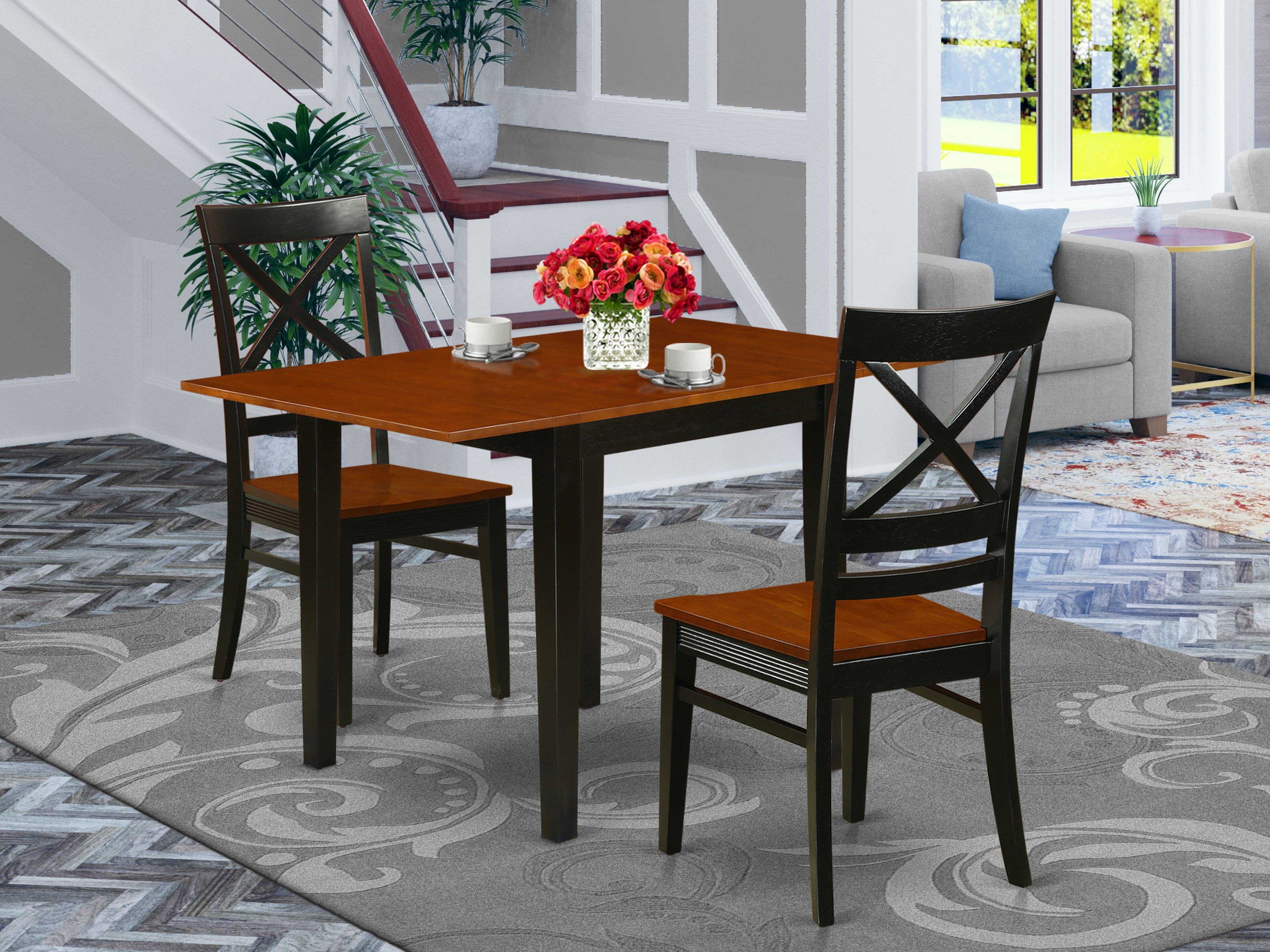 East West Furniture NDQU3-BCH-W, 3Pc Dining Set Consists of a Rectangle Table and 2 Modern Dining Chairs with Solid Wood Seat and X Back, Black and Cherry Finish