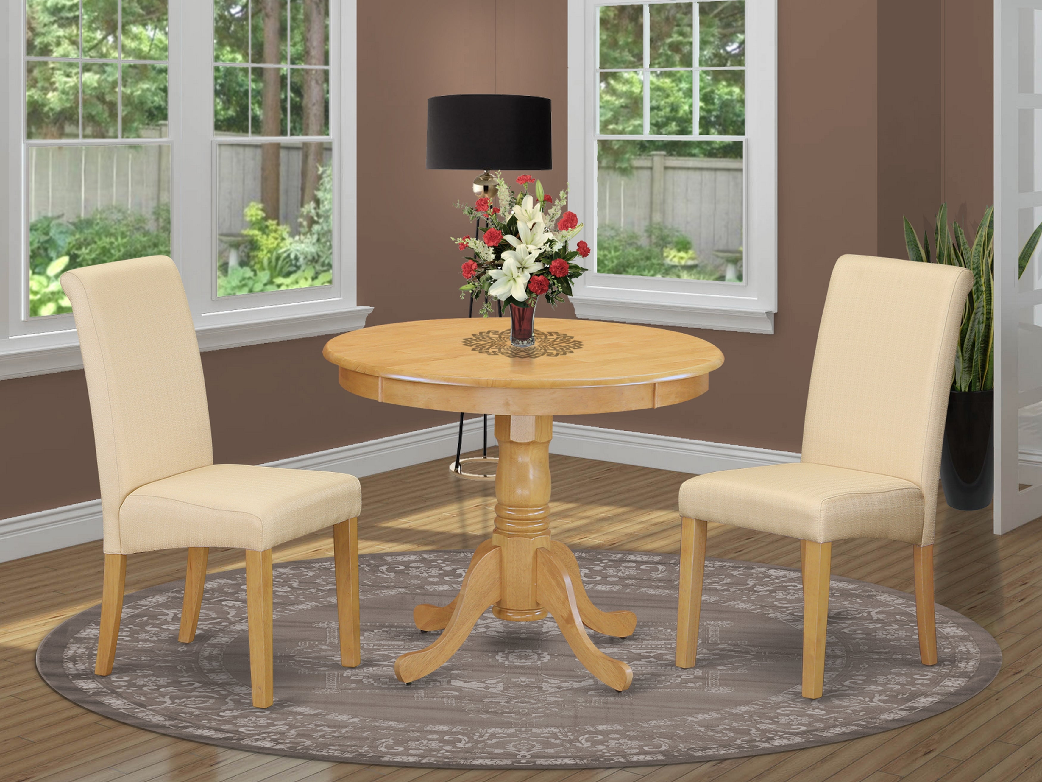 ANBA3-OAK-02 3Pc Small Round table with linen beige fabric Parson chairs with oak chair legs