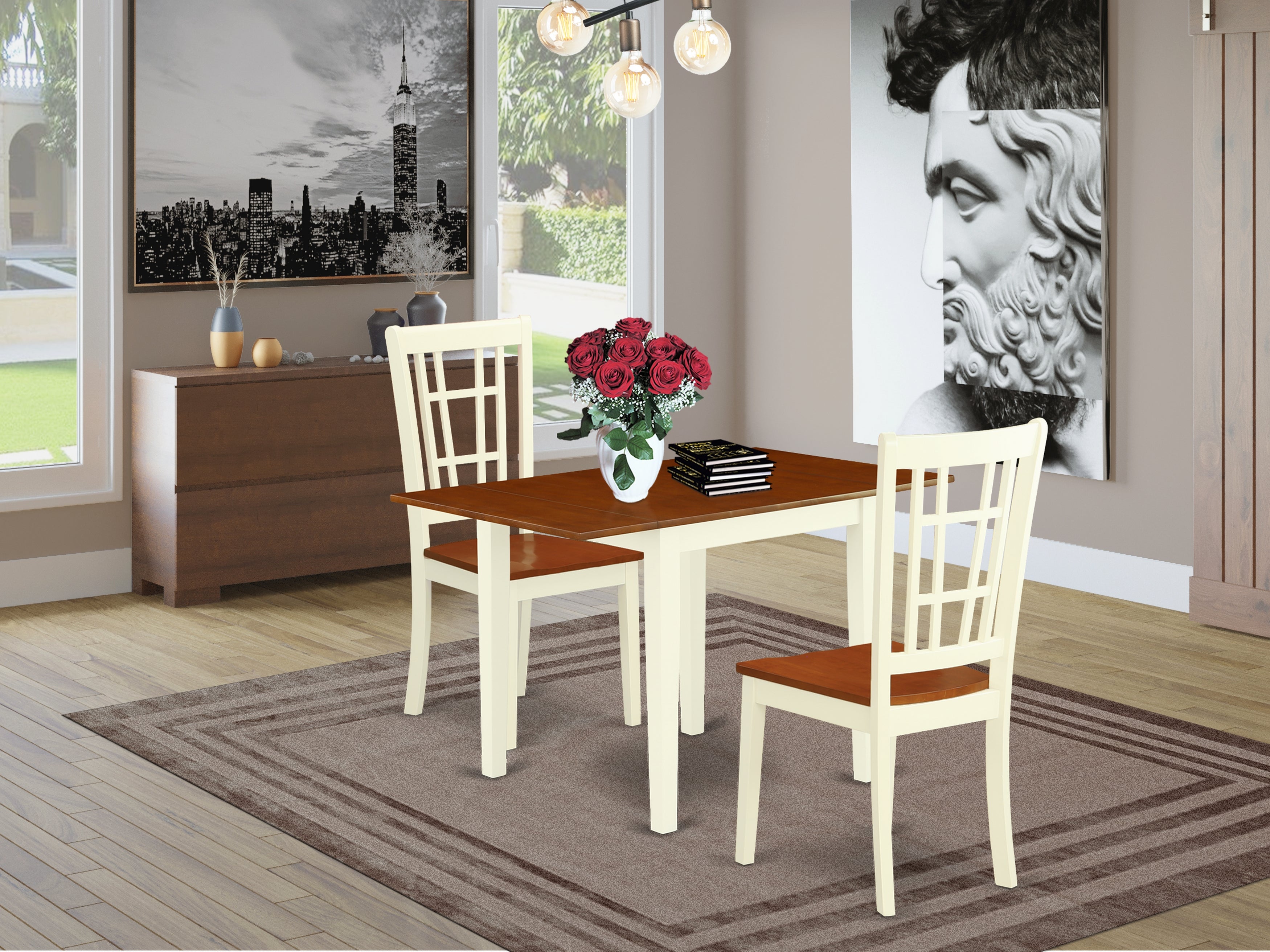 East West Furniture NDNI3-WHI-C 3Pc Kitchen Set Contains a Small Table and 2 Dinette Chairs with Wood Seat, Buttermilk and Cherry Finish