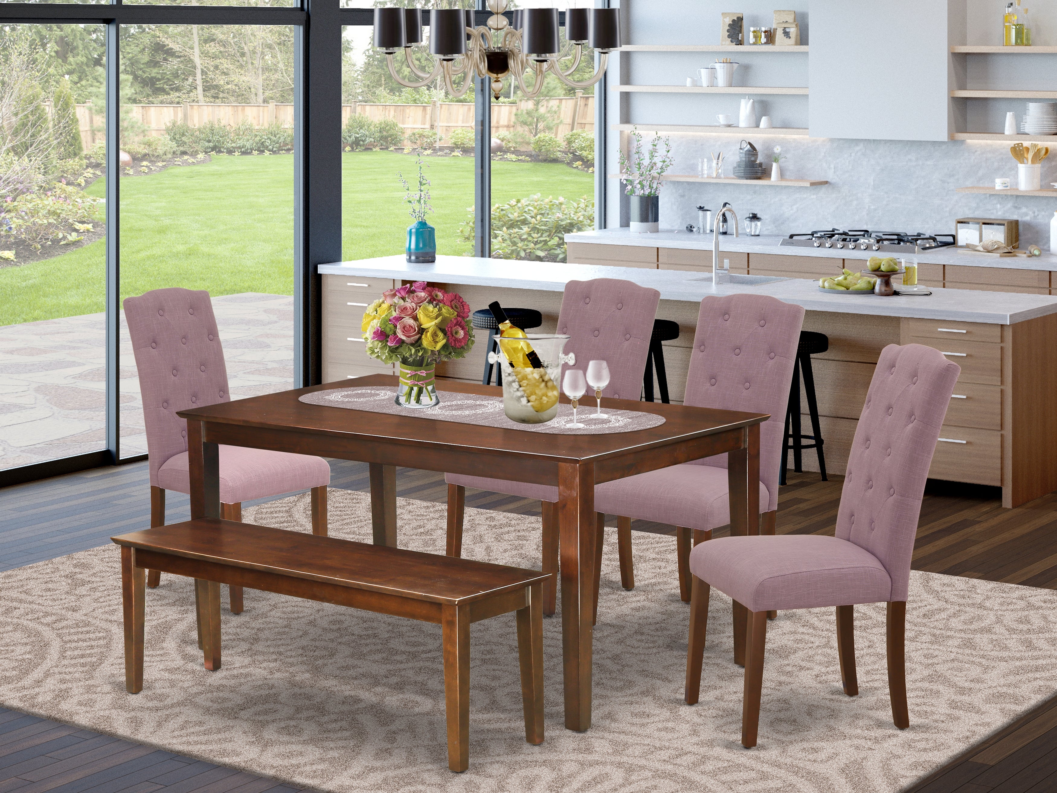 CACE6-MAH-10 6Pc Dining Set Includes a Rectangle Dinette Table and Four Parson Chairs with Dahlia Fabric and a Bench, Mahogany Finish