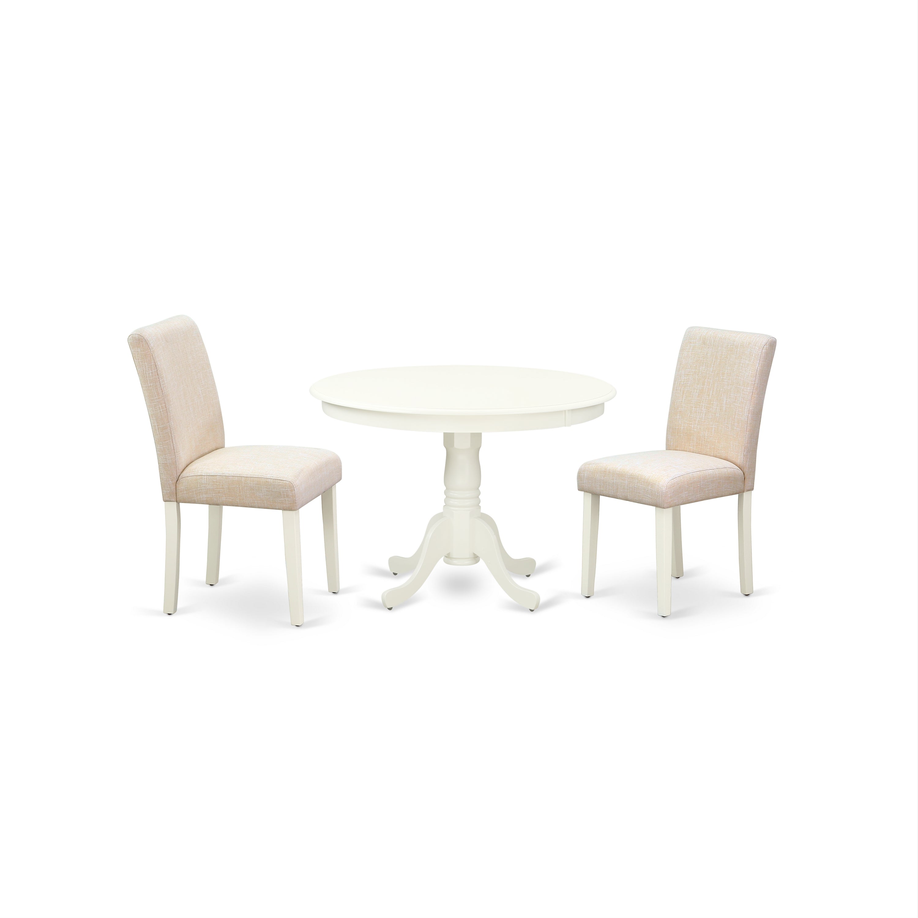 HLAB3-LWH-02 3Pc Round 42 Inch Kitchen Table And 2 Parson Chair With Linen White Leg And Linen Fabric Light Beige