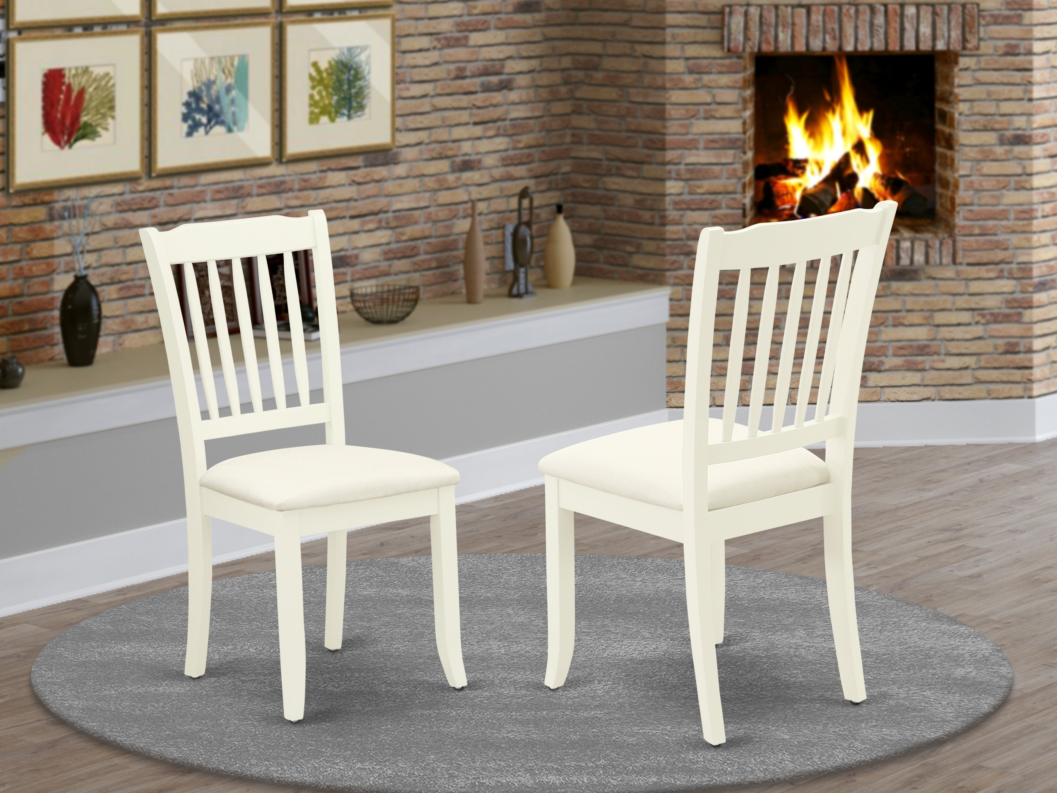 DAC-LWH-C Danbury vertical slatted back chairs with Linen Fabric Upholstered Seat in Linen white finish