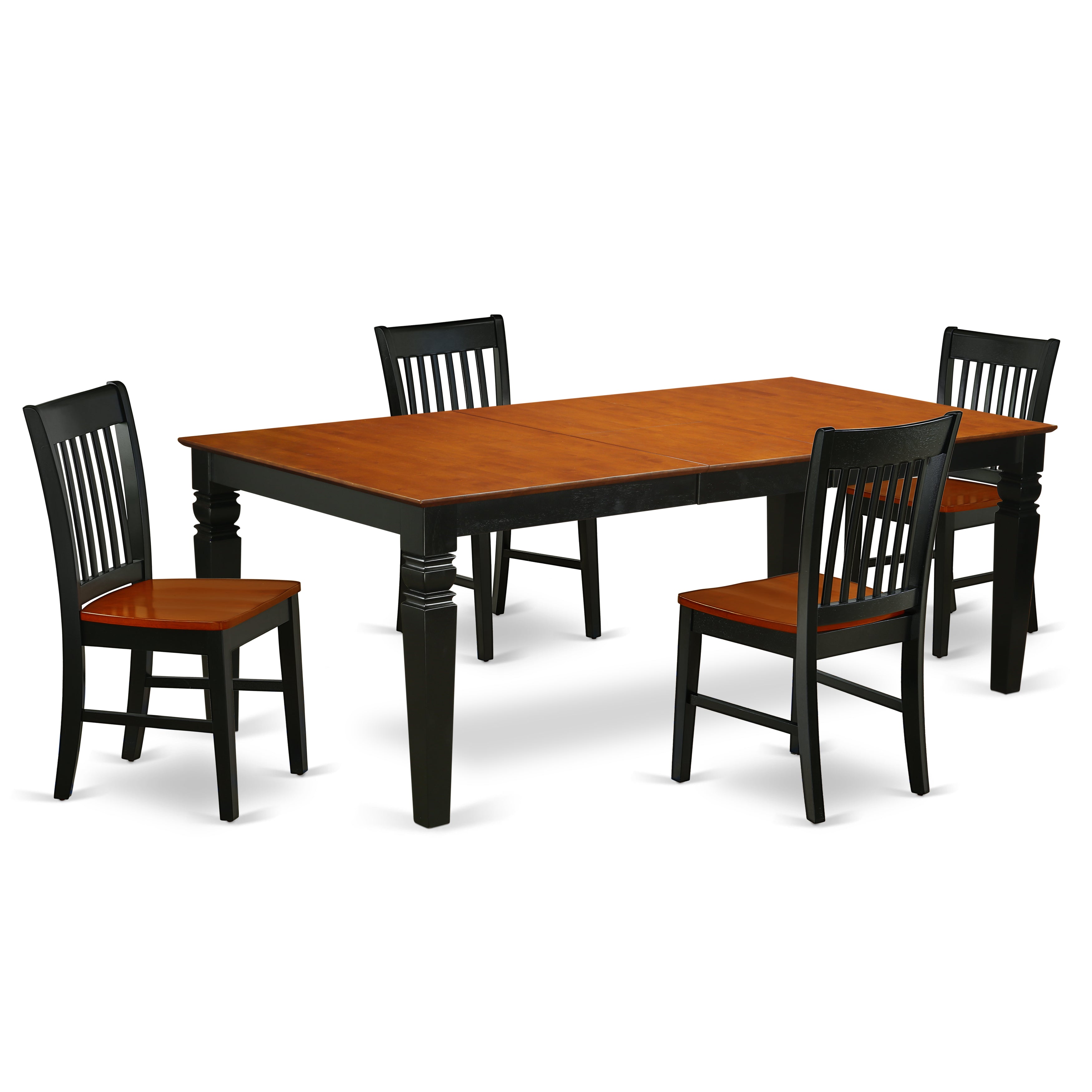 LGNO5-BCH-W 5Pc Rectangular 66/84" Dining Room Table With 18 In Leaf And Four Wood Seat Chairs