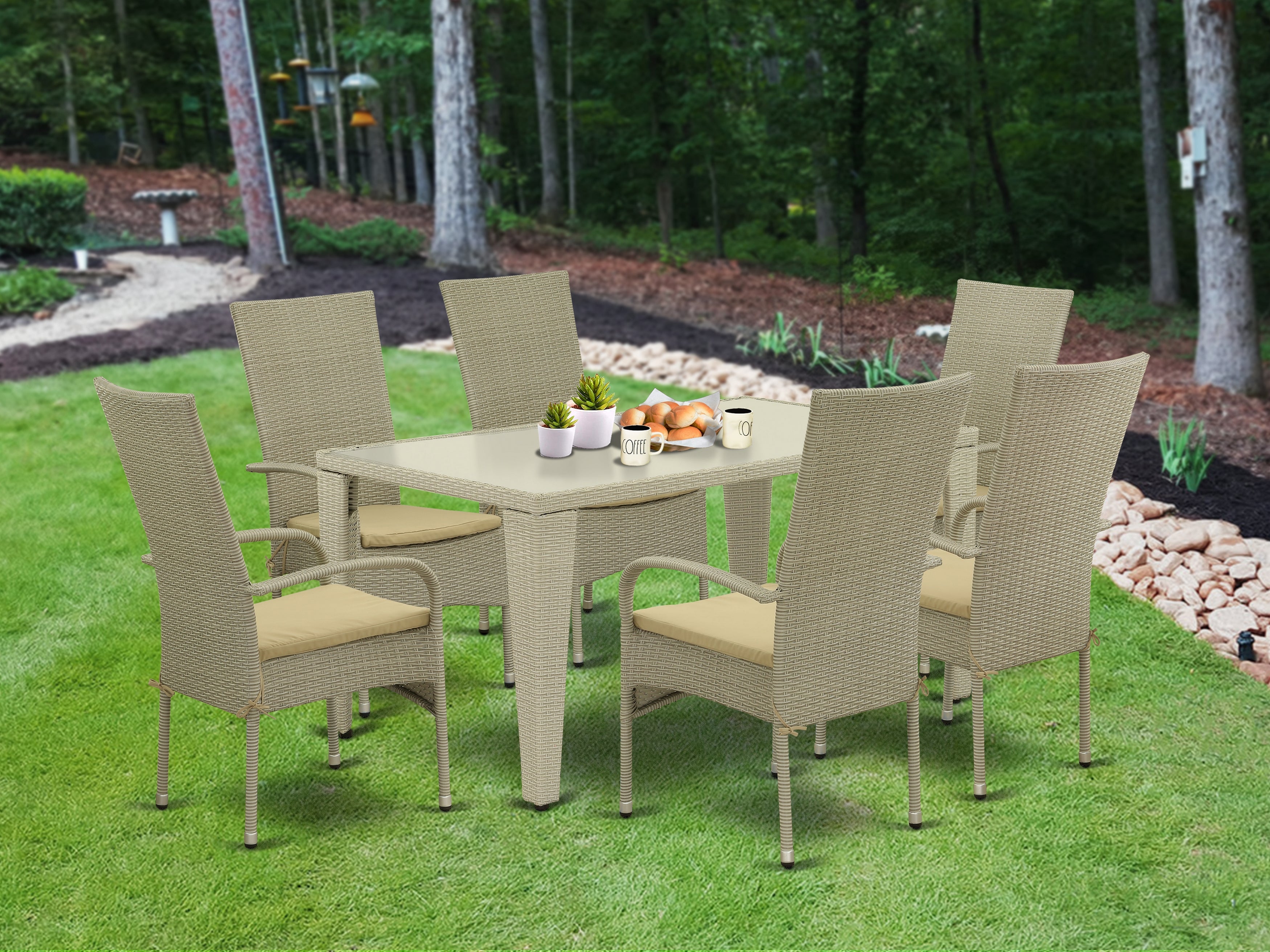 GUOS7-03A 7Pc Outdoor-Furniture Natural Color Wicker Dining Set Includes a Patio Table and 6 Balcony Backyard Armchair with Linen Fabric Cushion