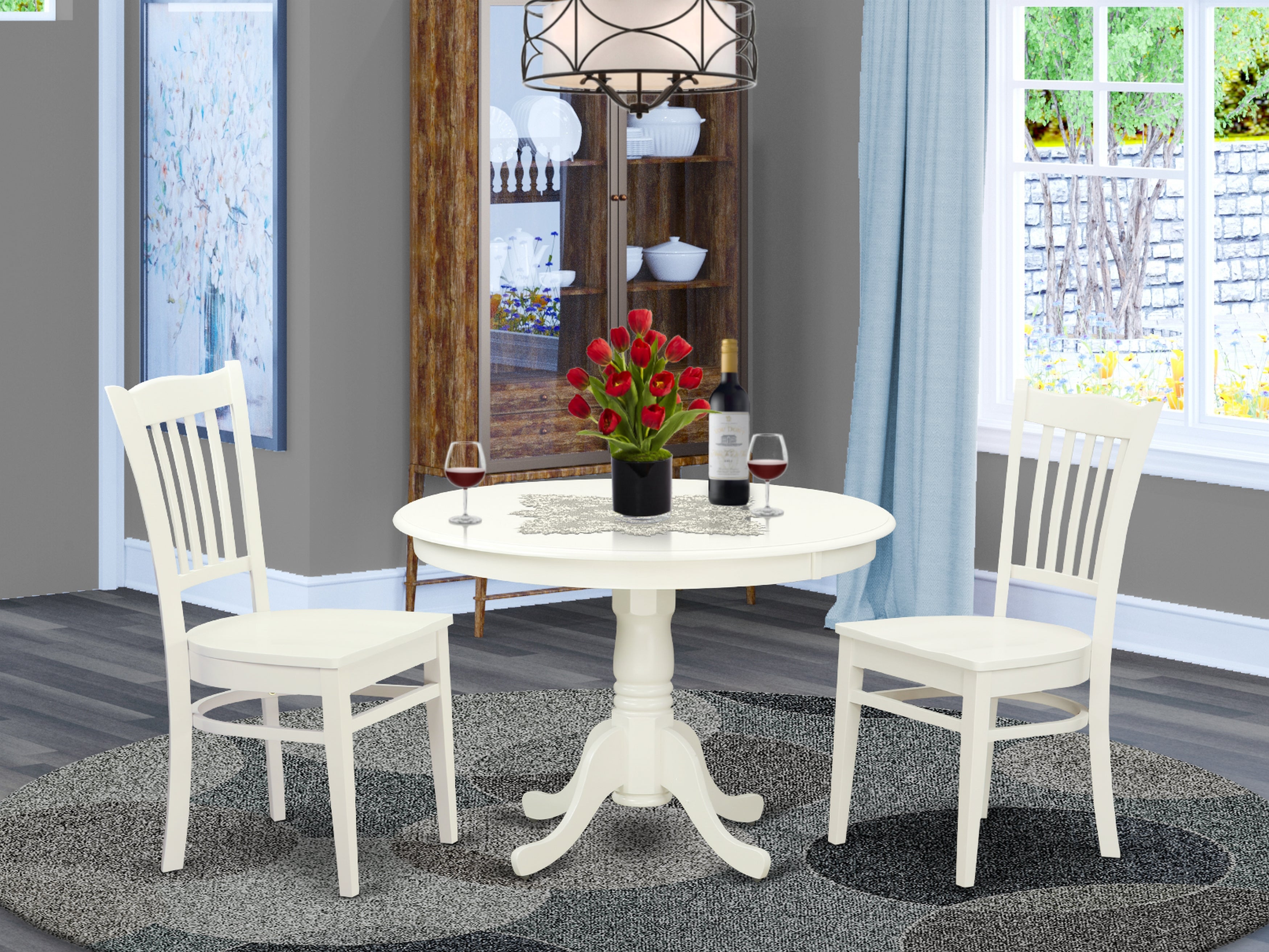 HLGR3-LWH-W 3 Pc set with a Round Table and 2 Wood Dinette Chairs in Linen White