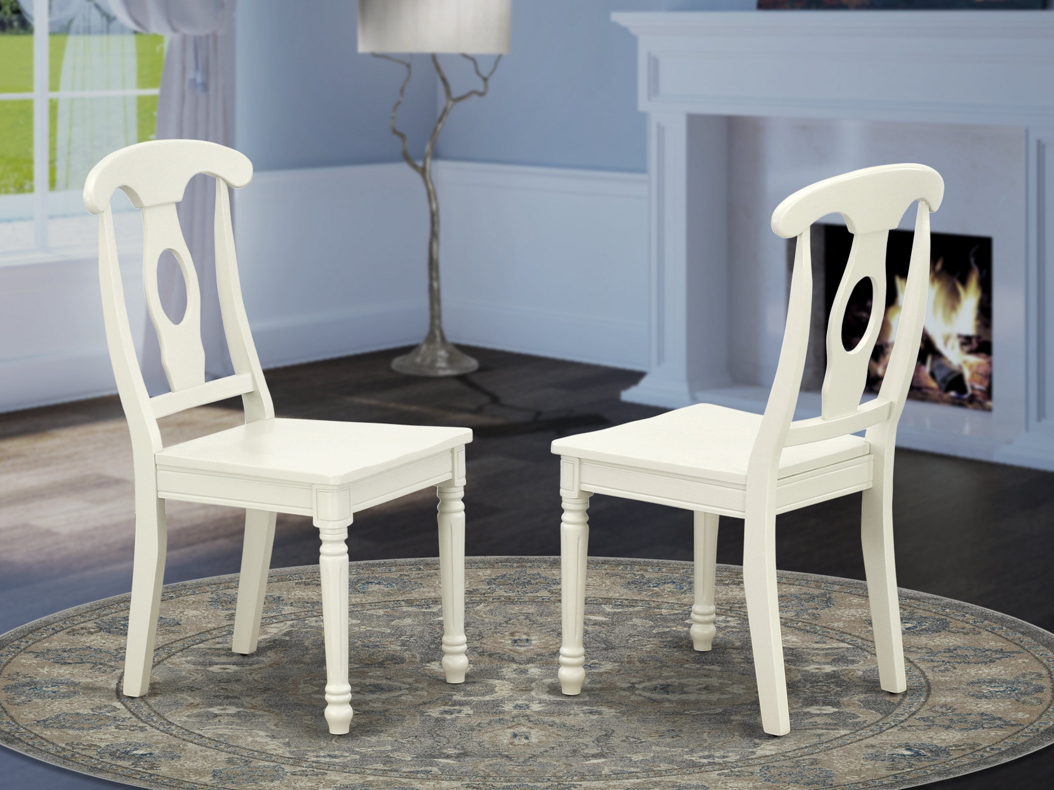 KEC-LWH-W Kenley Nappoleon-Styled Dining Chair with Plain Wood Seat in Linen White Finish