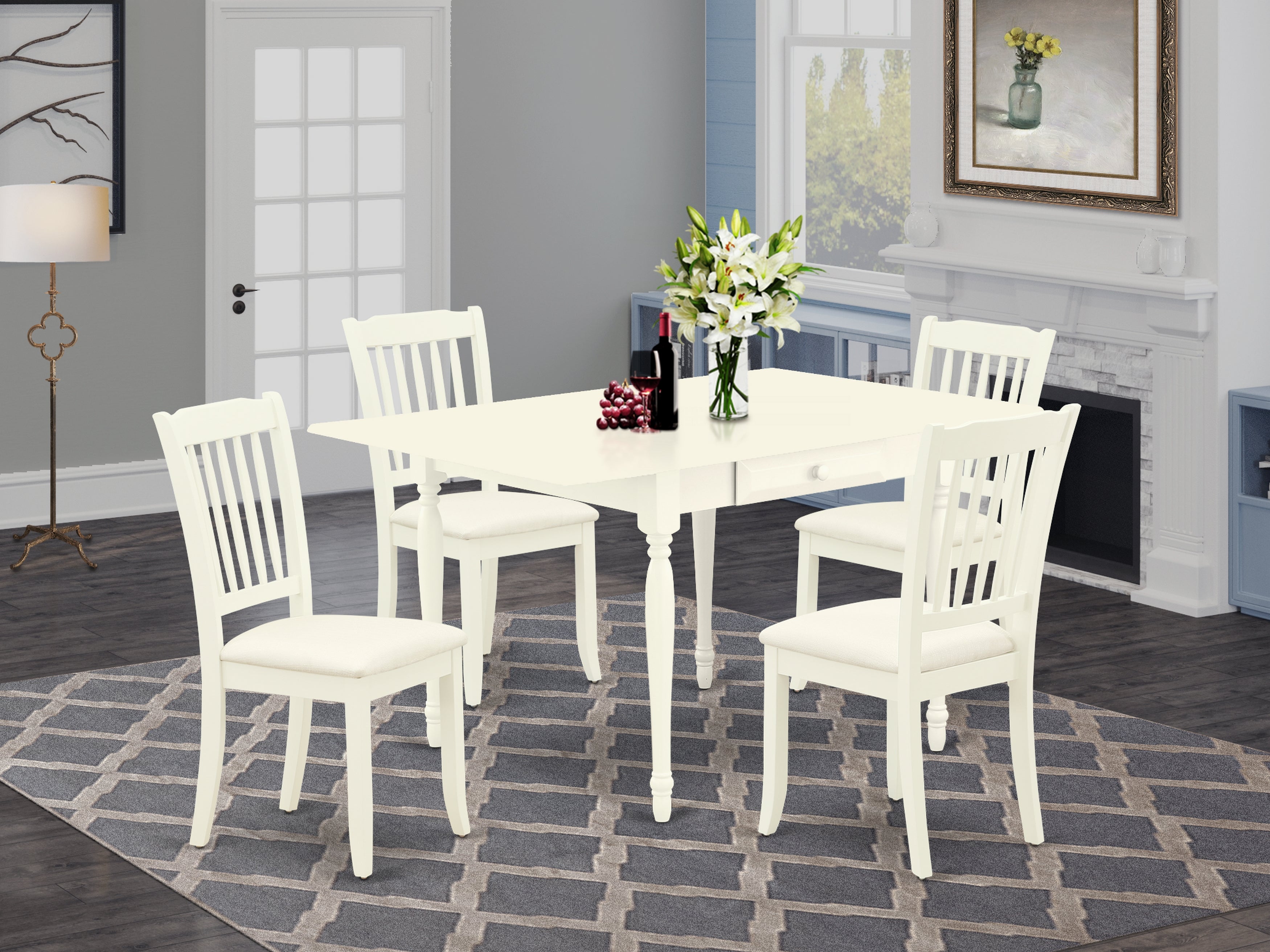 East West Furniture MZDA5-LWH-C 5Pc Wood Dining Table Set Includes a Kitchen Table and 4 Kitchen Chairs with Microfiber Upholstery Seat, Drop Leaf Table with Slat Back Chairs, Linen White Finish