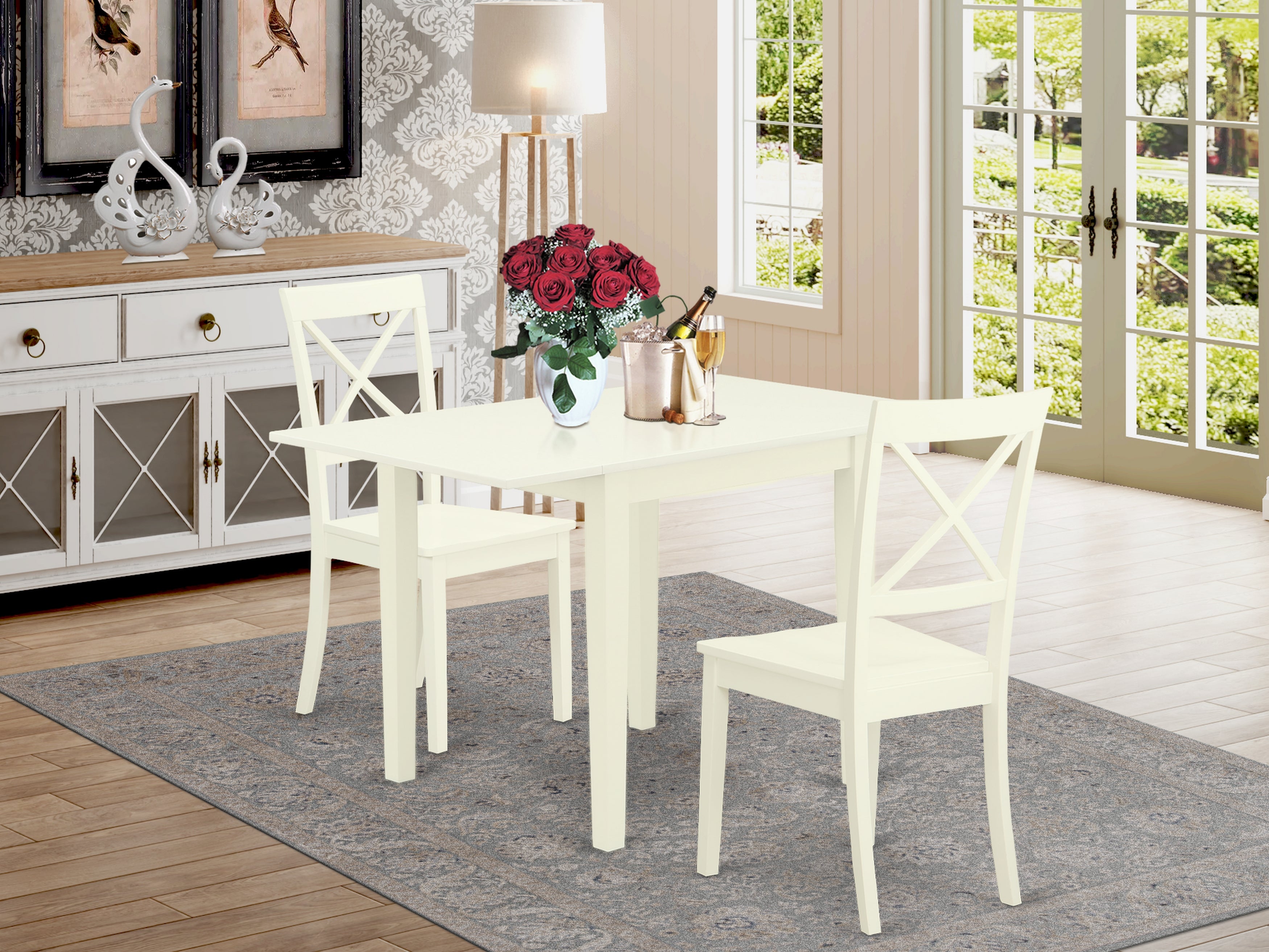 East West Furniture NDBO3-LWH-W Dining Room Table Set 3 Pc- 2 Marvelous Kitchen Chairs and a Gorgeous Wooden Table - Linen White Finish Wooden Chair Seat - Linen White Finish Solid Wood Structure.
