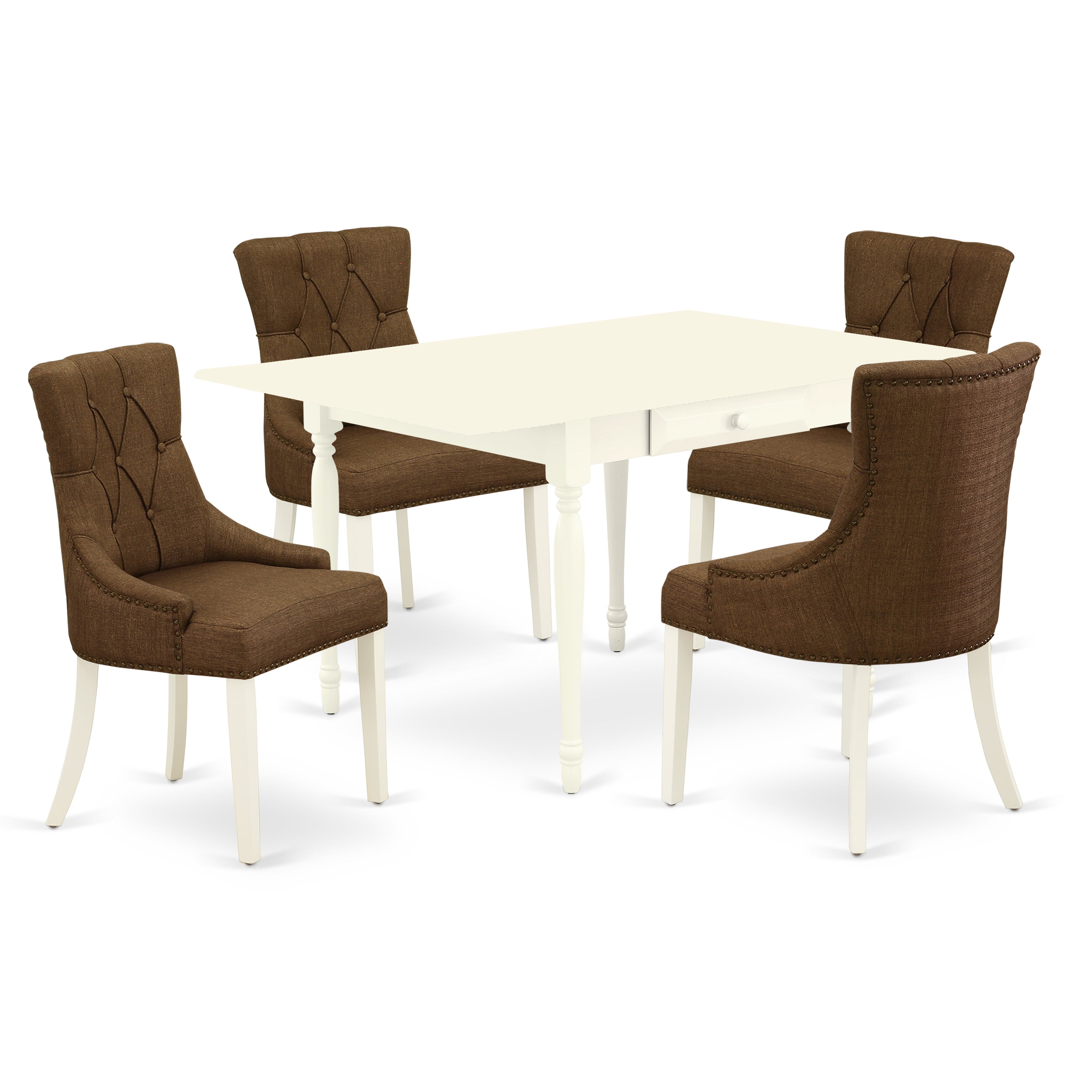 East West Furniture MZFR5-LWH-18 5Pc Dinette Set Contains a Kitchen Table and 4 Parsons Chairs with Dark Coffee Color Linen Fabric, Drop Leaf Table with Full Back Chairs, Linen White Finish