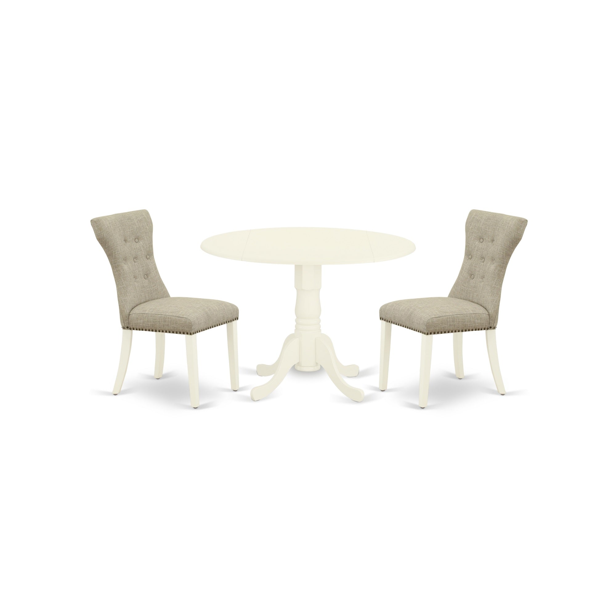 East West Furniture DLGA3-WHI-35 3-Pc Round Dinette Set Included a Wood Kitchen Table & 2 Dining Room Chairs, Doeskin Linen Fabric Dining Room Chairs Seat with Rubber Wood Legs, Linen White Finish