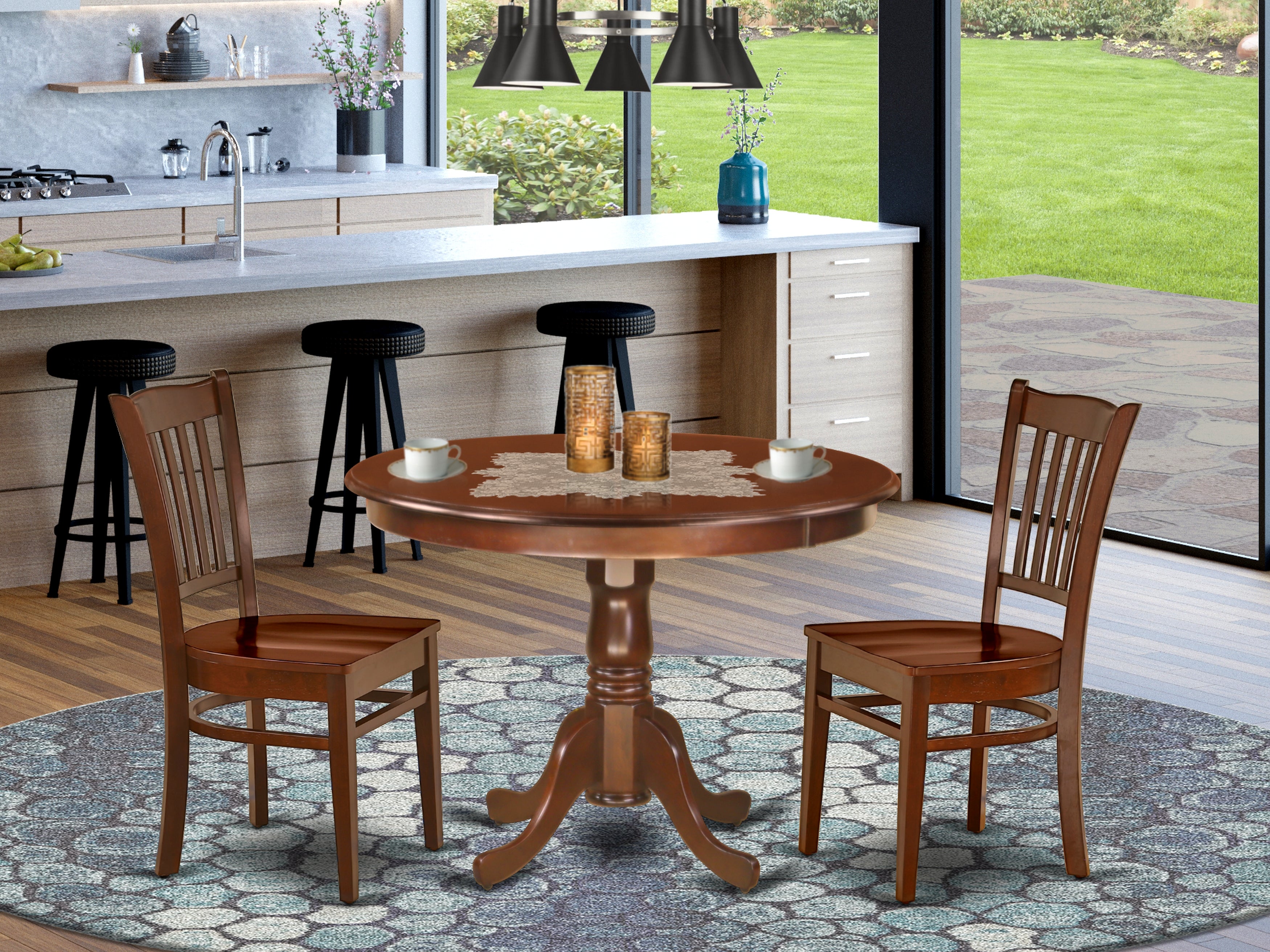 HLGR3-MAH-W 3Pc Rounded 42" Kitchen Table And A Pair Of Wood Seat Dining Chairs