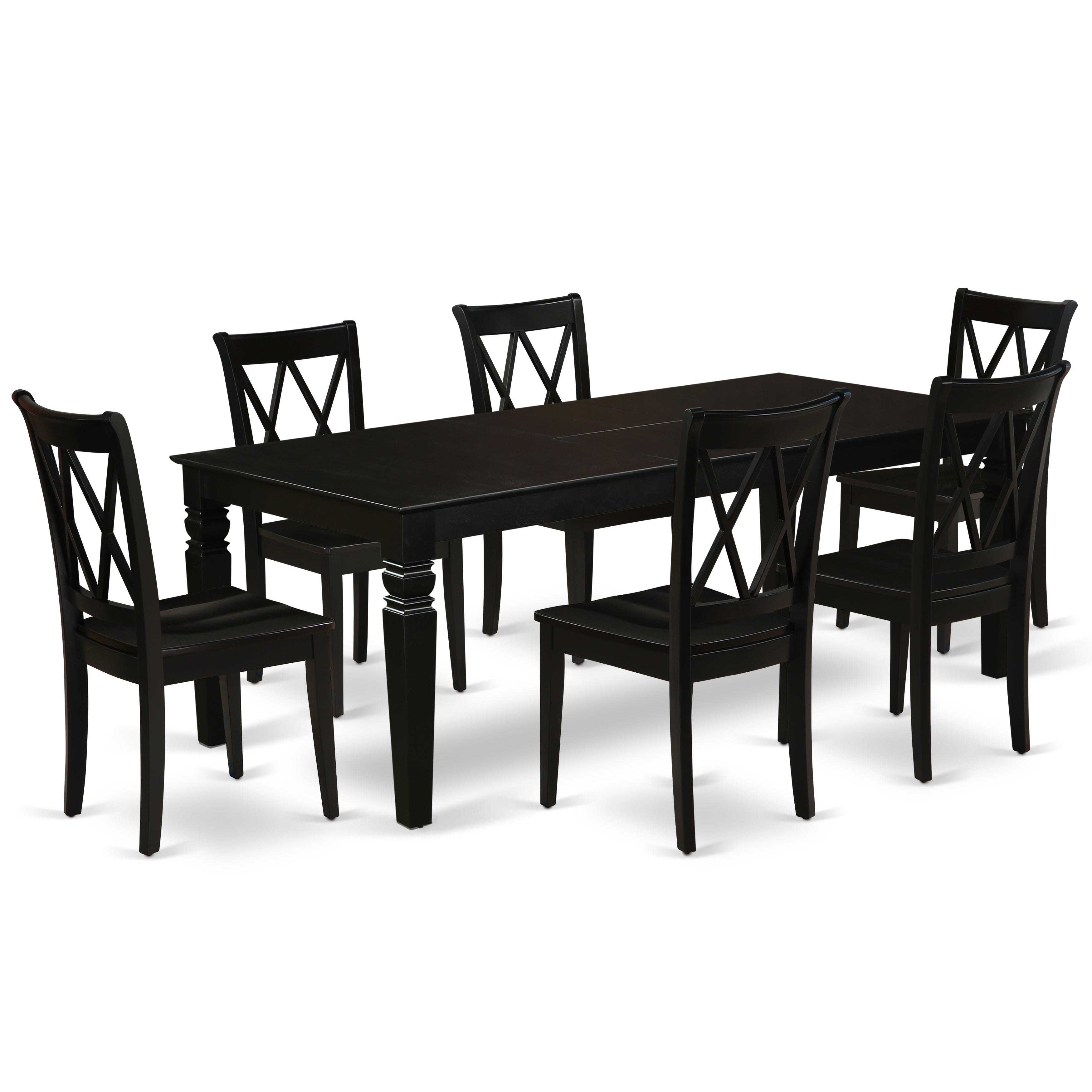 LGCL7-BLK-W 7Pc Rectangular 66/84 Inch Dining Room Table With 18 In Leaf And Six Wood Seat Chairs