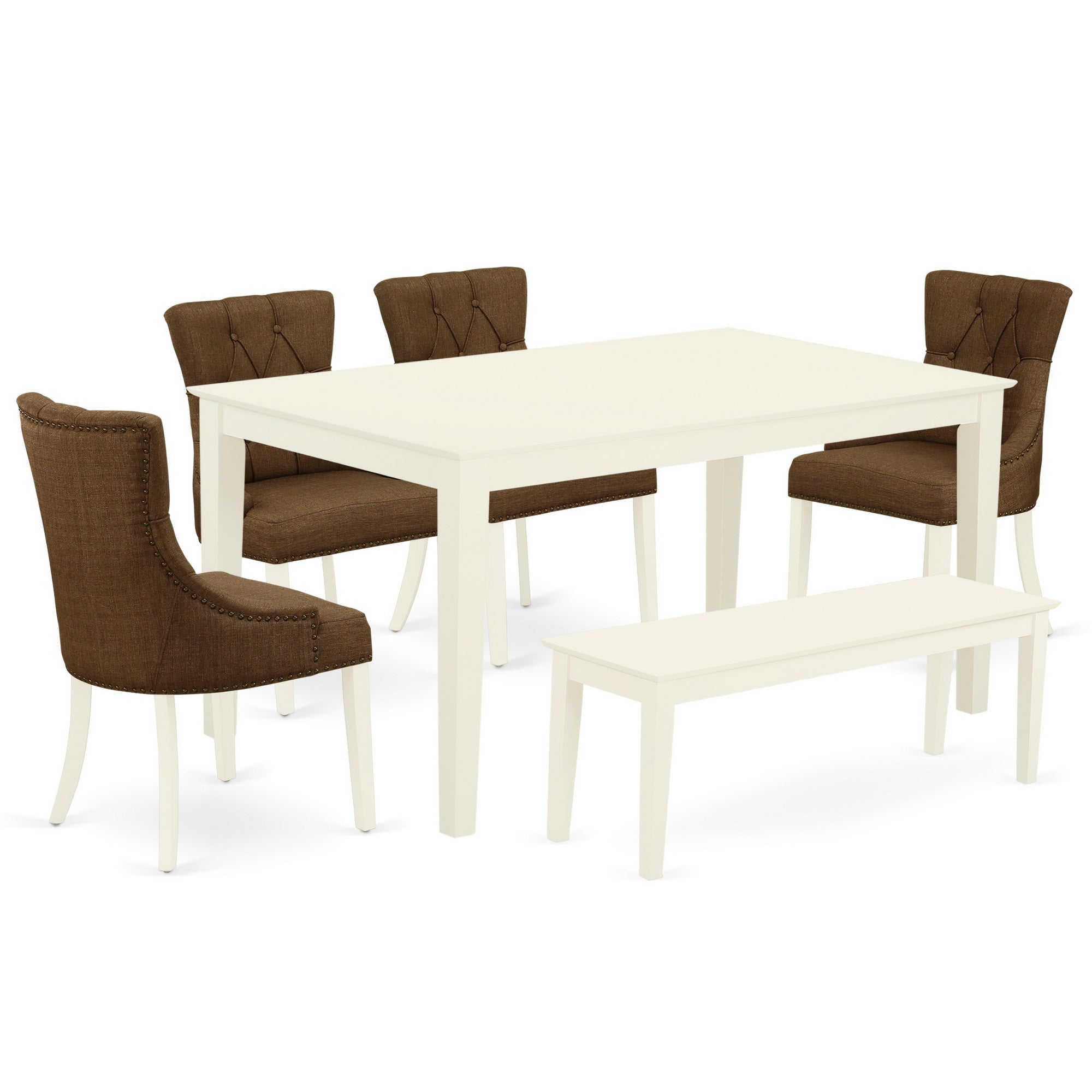 CAFR6-LWH-18 6Pc Dining Set Includes a Rectangle Dinette Table and Four Parson Chairs with Dark Coffee Fabric and a Bench, Linen White Finish