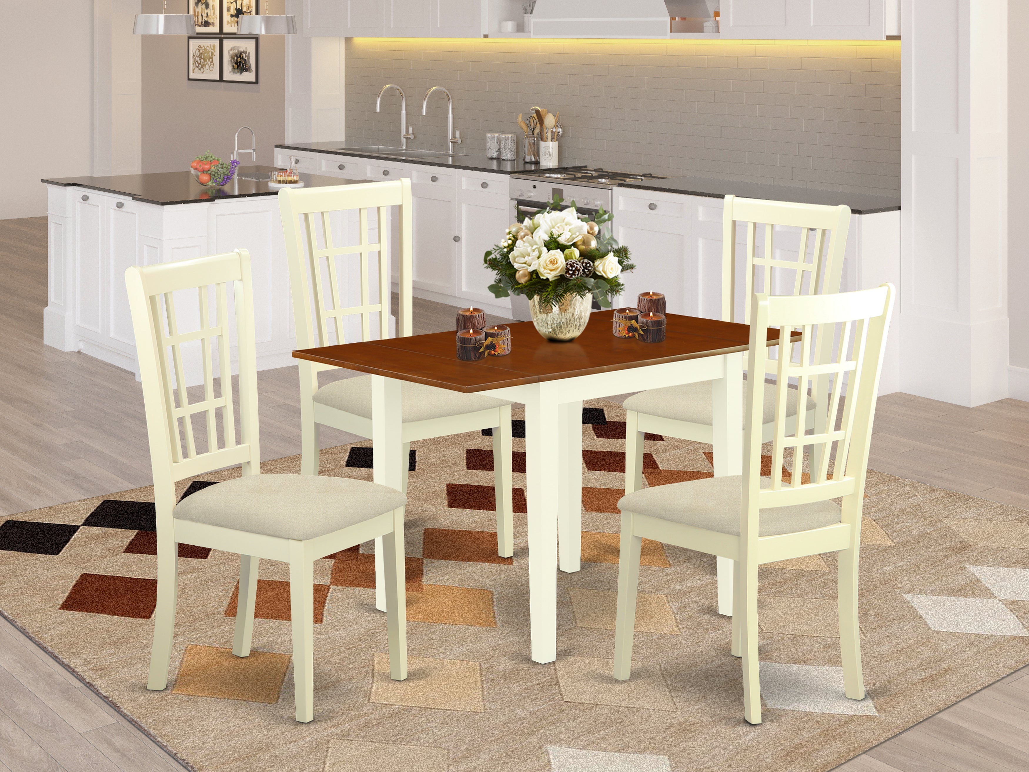 East West Furniture NDNI5-WHI-C 5Pc Dining Room Table Set Features a Modern Dining Table and 4 Wooden Dining Chairs with Microfiber Upholstery Seat, Buttermilk and Cherry Finish