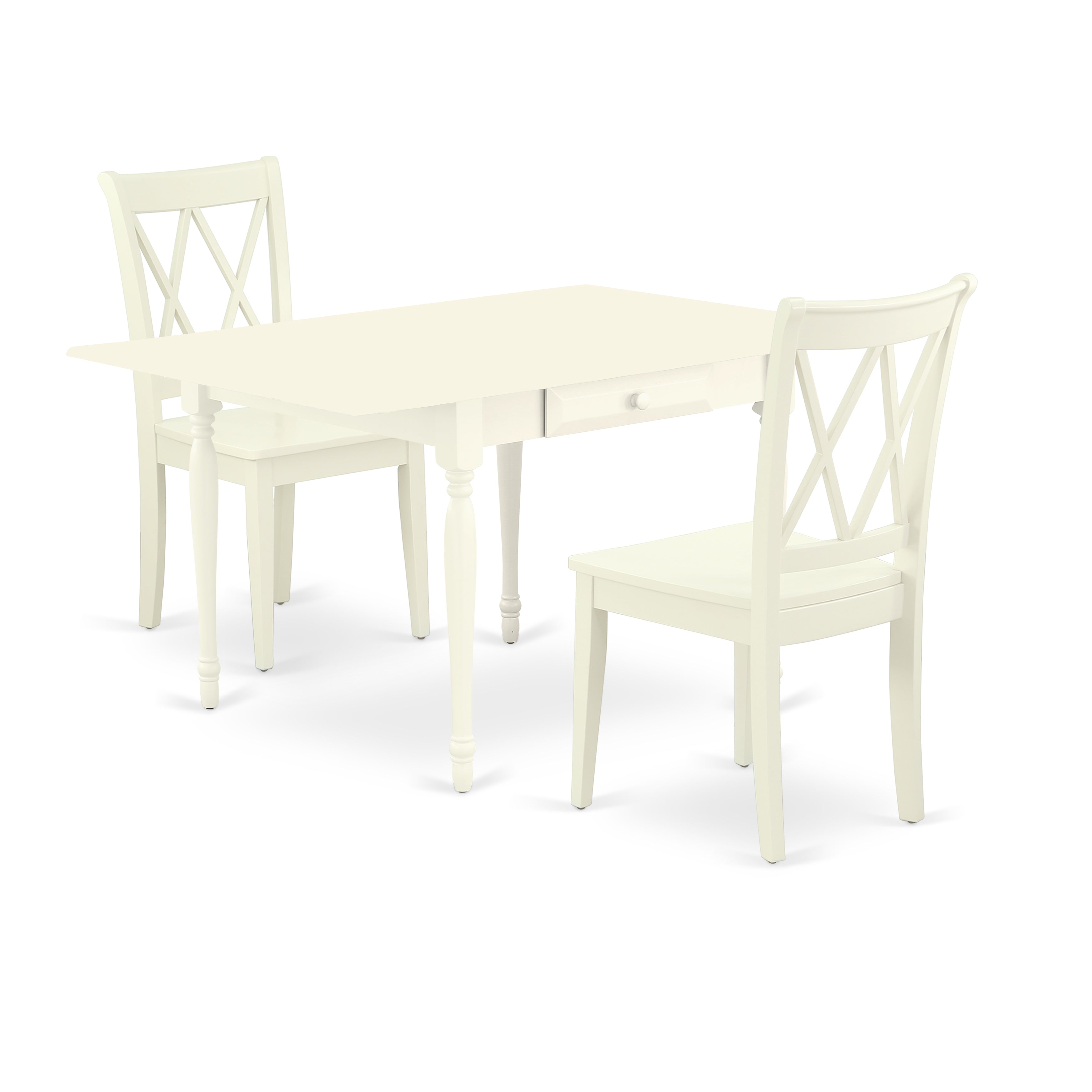 East West Furniture MZCL3-LWH-W 3Pc Dining Room Table Set Consists of a Small Dining Table and 2 Wooden Dining Chairs with Solid Wood Seat, Drop Leaf Table with Double X Back Chairs, Linen White Finish