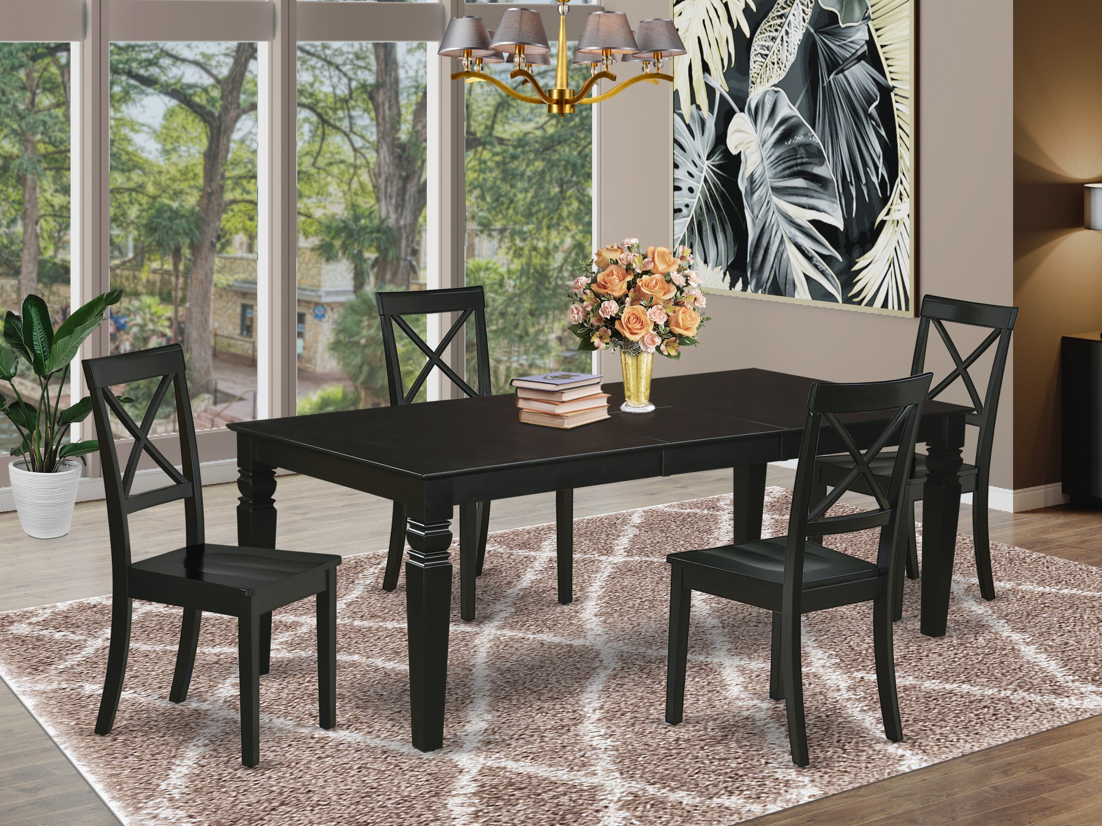 LGBO5-BLK-W 5Pc Rectangular 66/84 Inch Dining Room Table With 18 In Self Storing Butterfly Leaf And 4 Wood Seat Dining Chairs