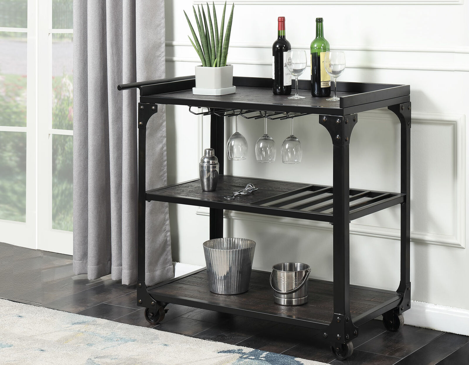 Sherlock Bar Game Room Server Cart in Tobacco Brown and Black Frame