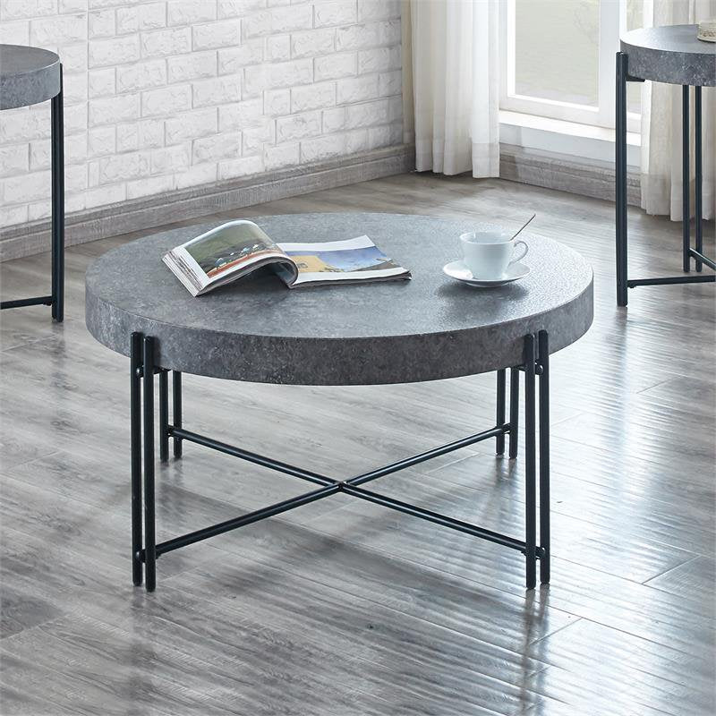 Steve Silver Morgan Round Mottled Gray and Black Metal Base Cocktail Table