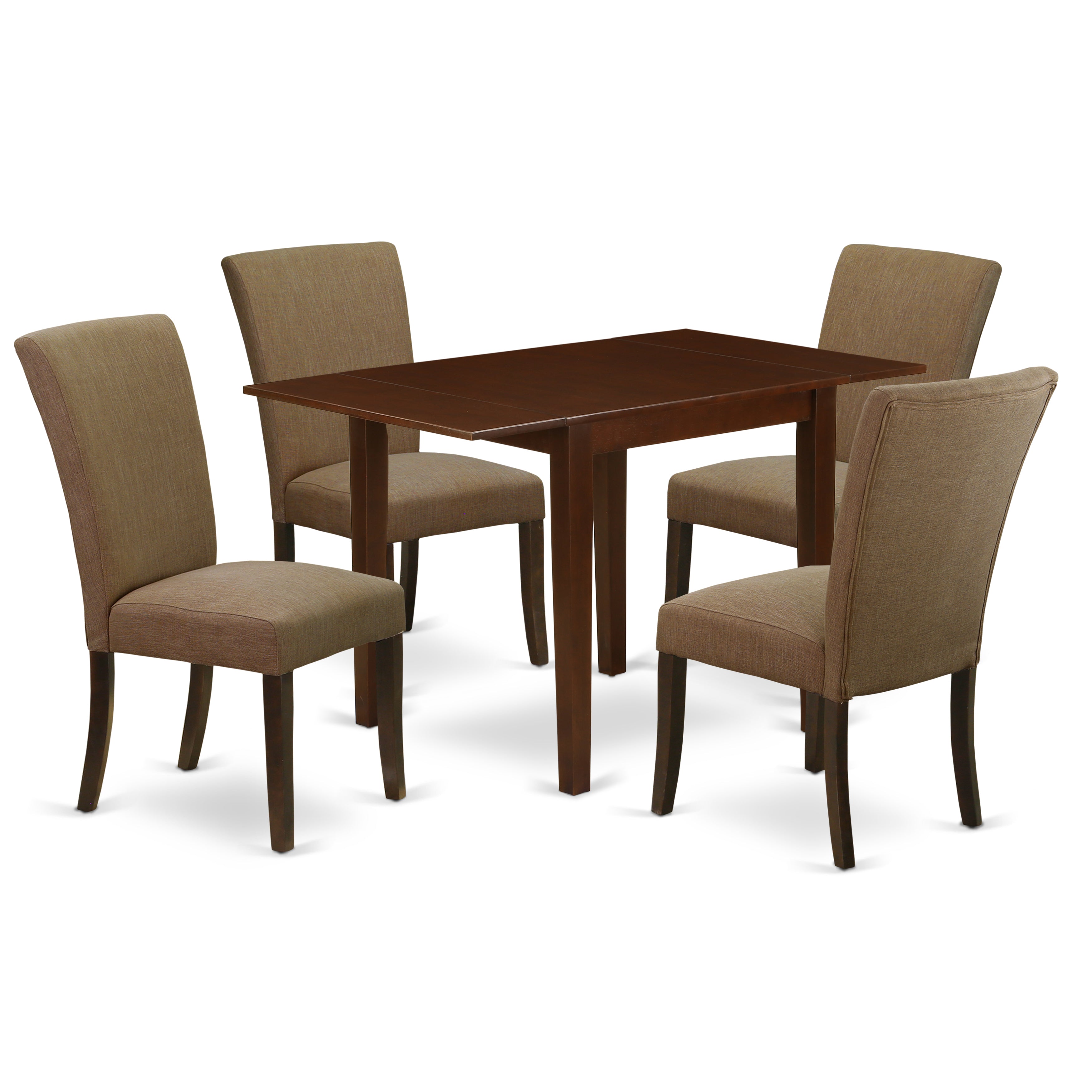 East West Furniture NDAL5-MAH-17 Wooden Dining Table Set 5 Pc - Four Parson Chairs and a Wood Table - Mahogany Finish Hardwood - Light Sable Color Linen Fabric