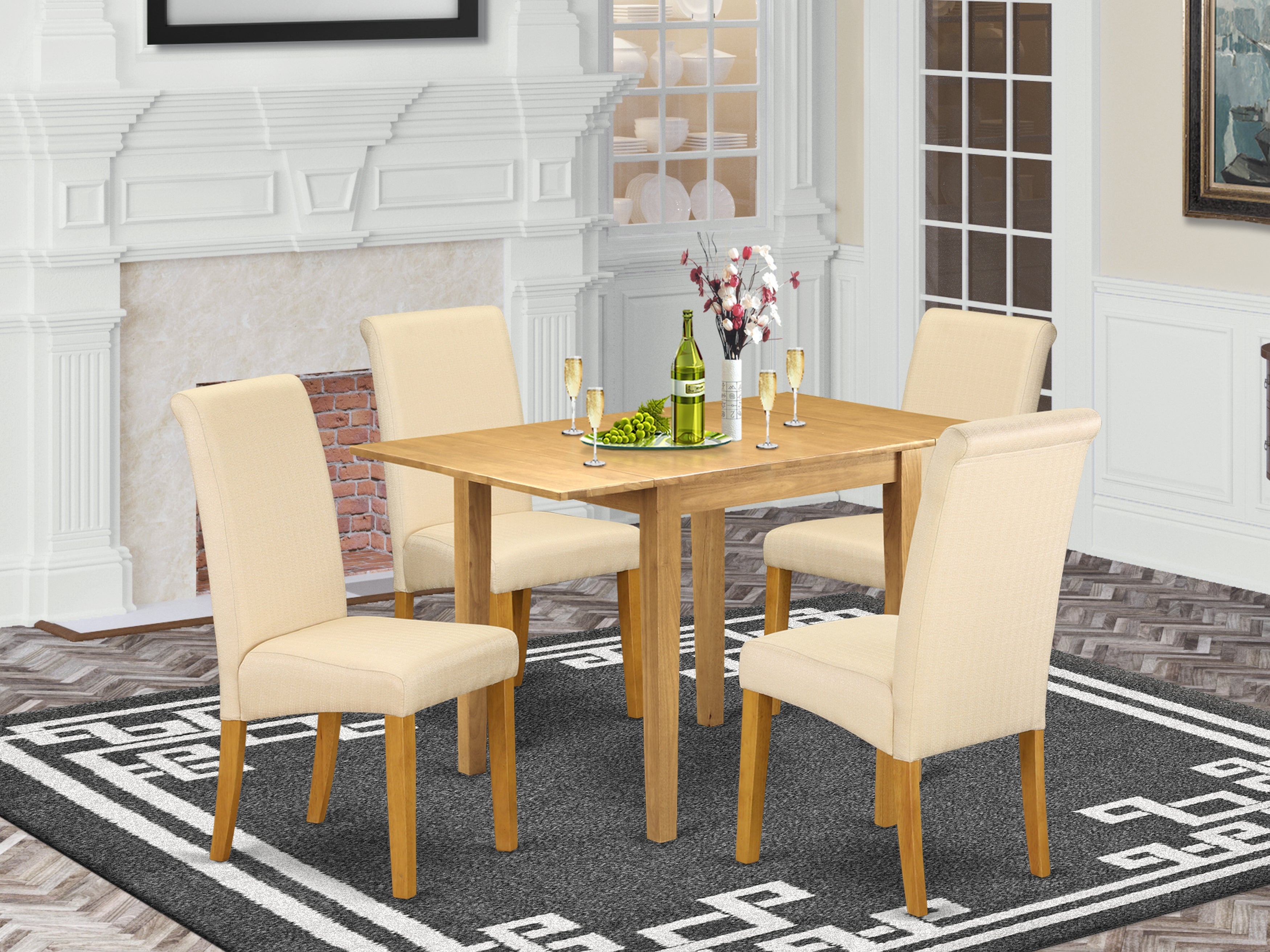 East West Furniture NDBA5-OAK-02 Dinette Set 5 Pc - Four Parson Chairs and a Wood Table - Oak Finish Solid wood - Light Baige Color Linen Fabric
