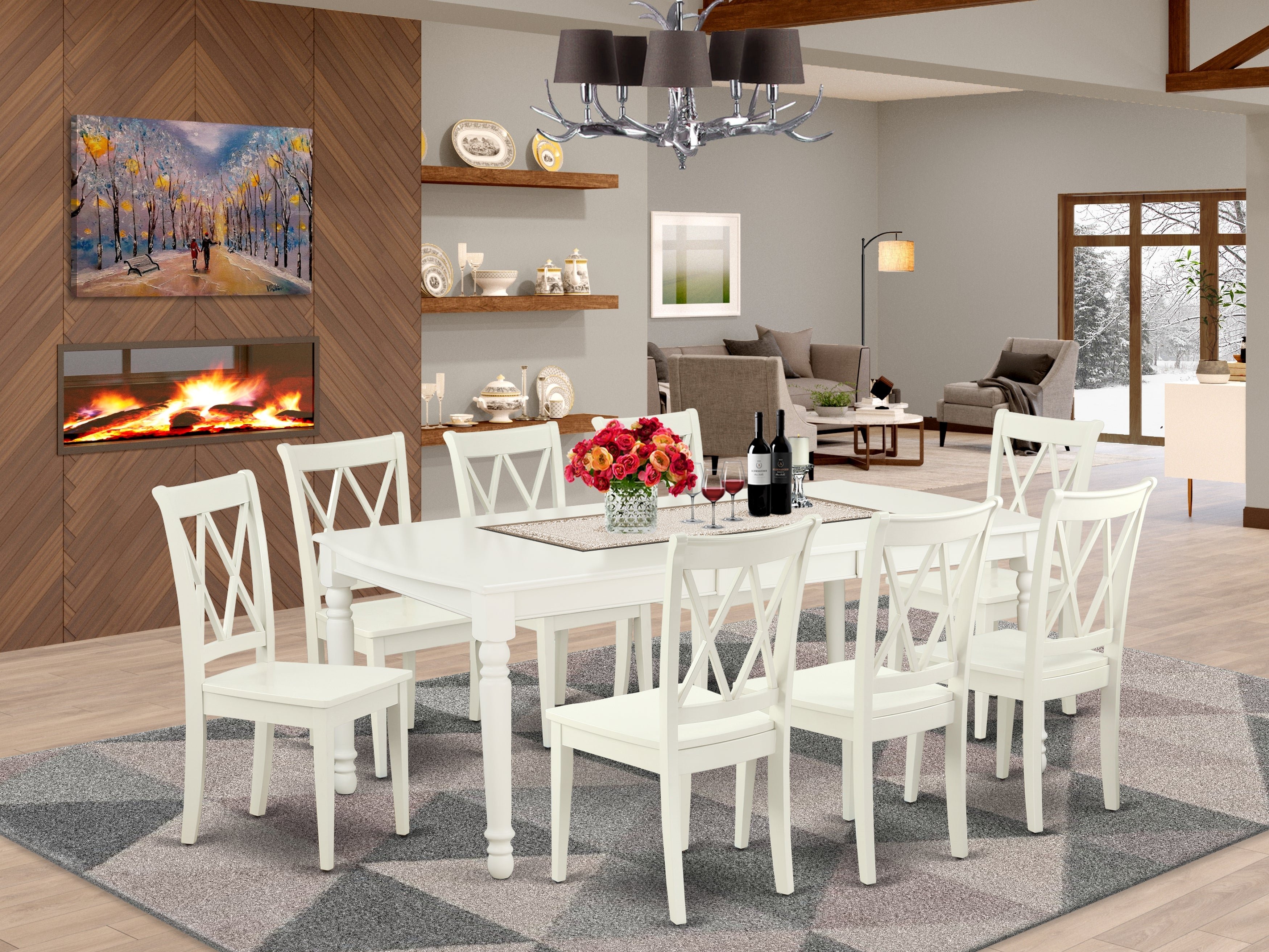 DOCL9-LWH-W 9PC Rectangular 60/78 inch Table with 18 In Leaf and 8 Double X back Chairs