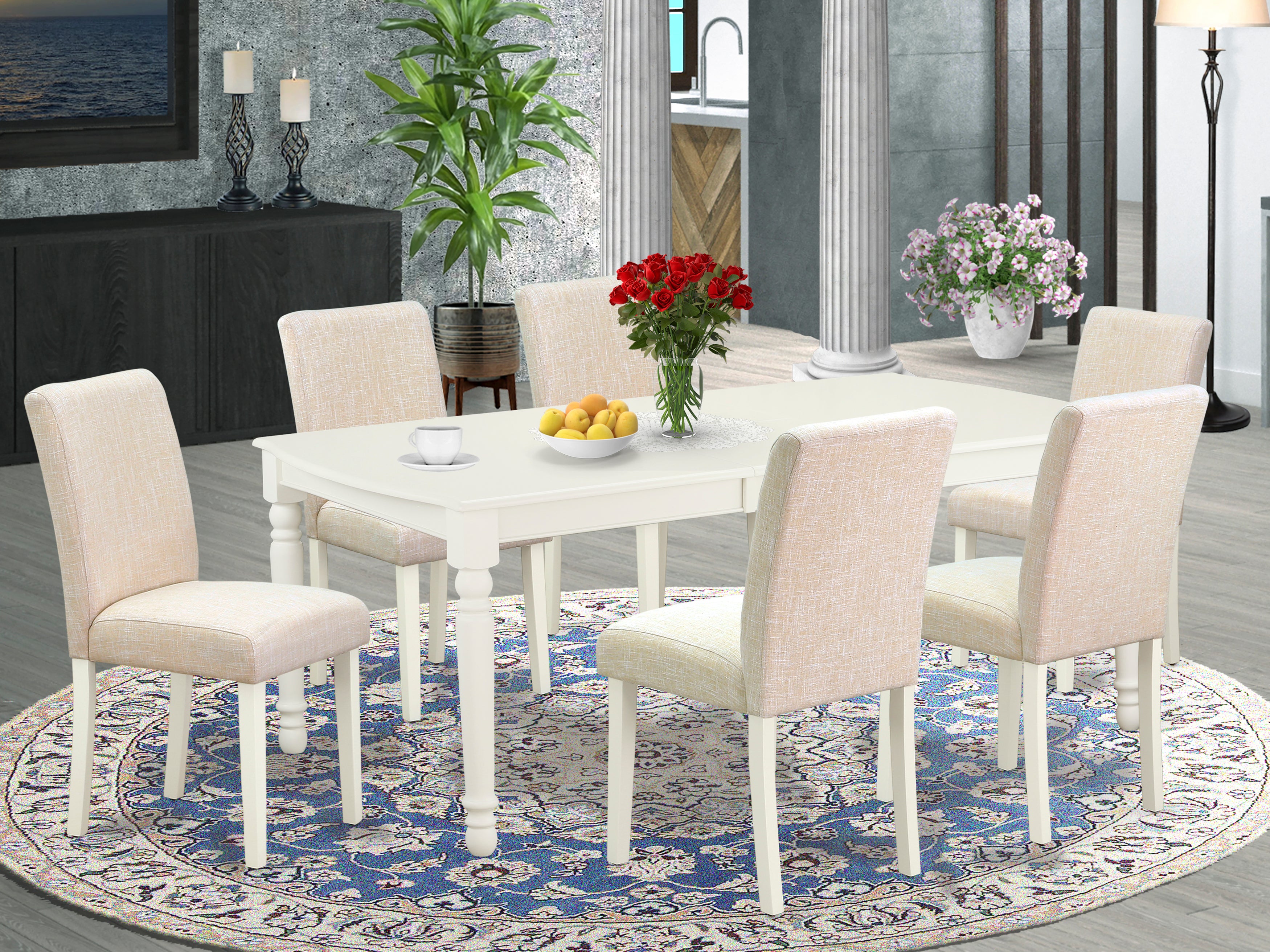 DOAB7-LWH-02 7Pc Rectangle 60/78 Inch Table With 18 In Leaf And 6 Parson Chair With Linen White Leg And Linen Fabric Light Beige