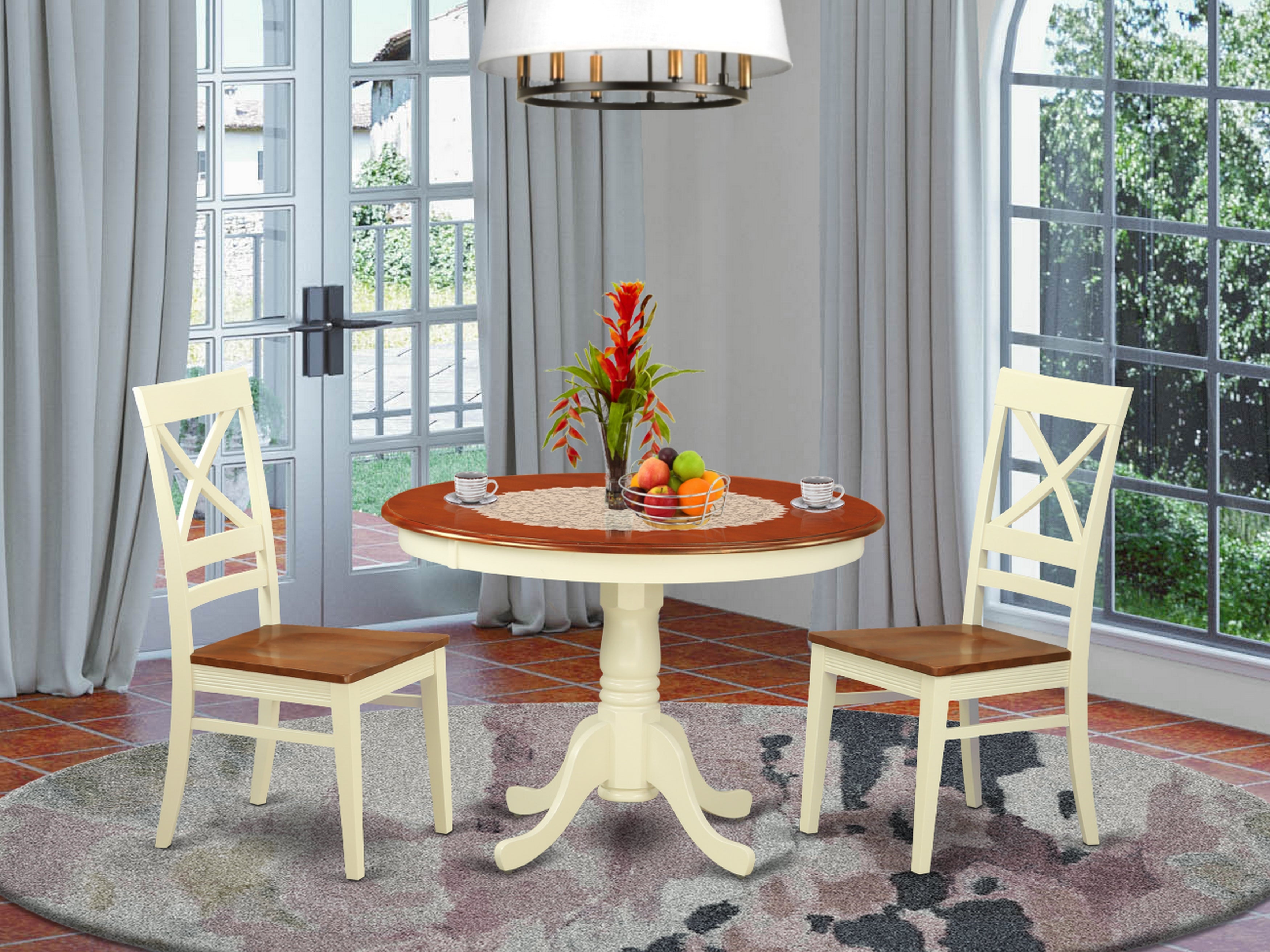 HLQU3-BMK-W 3 Pc set with a Round Small Table and 2 Leather Kitchen Chairs in Buttermilk and Cherry .